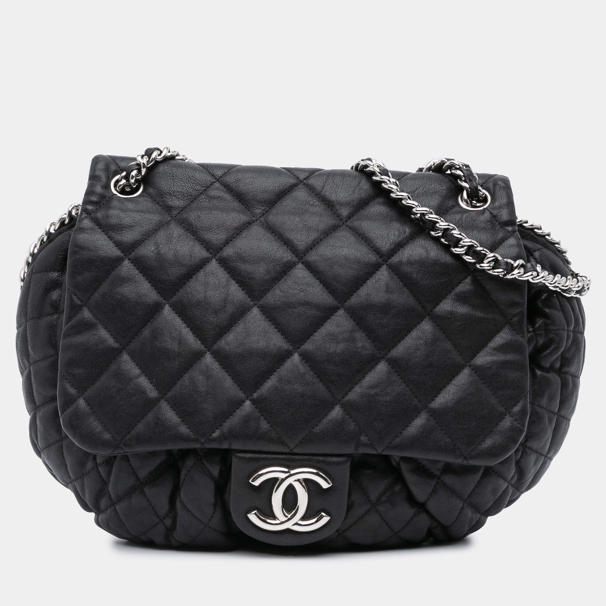 Pre Owned Chanel Black Large Lambskin Chain Around Flap