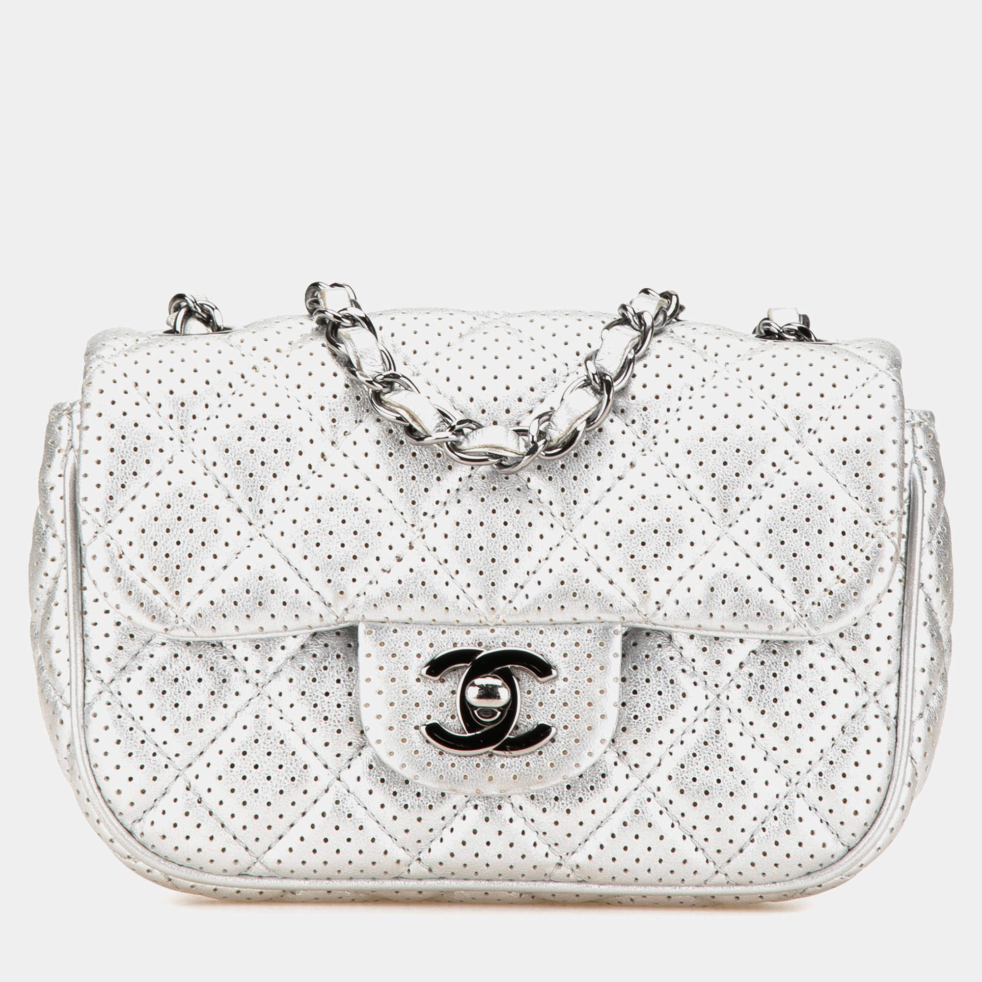 Pre Owned Chanel Silver Mini Perforated Lambskin Punch Flap