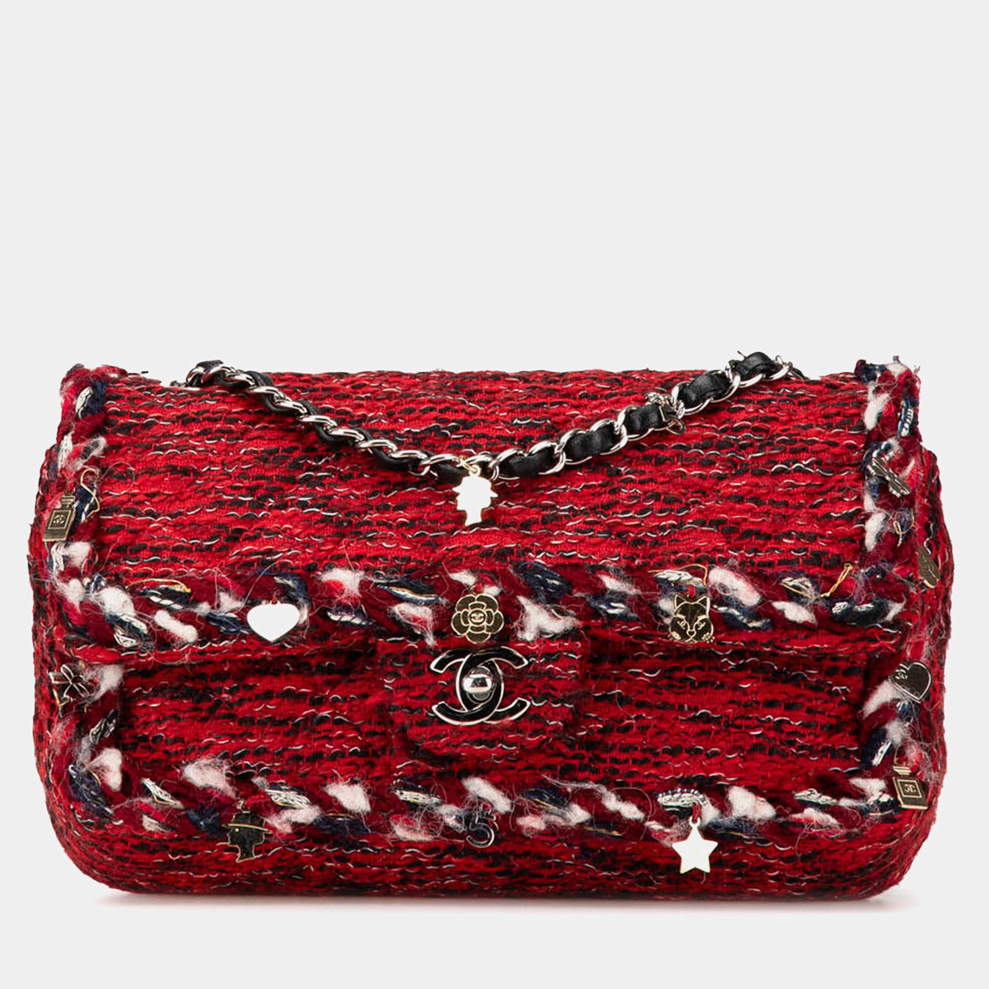 Pre Owned Chanel Red Medium Tweed Braided Charms Double Flap