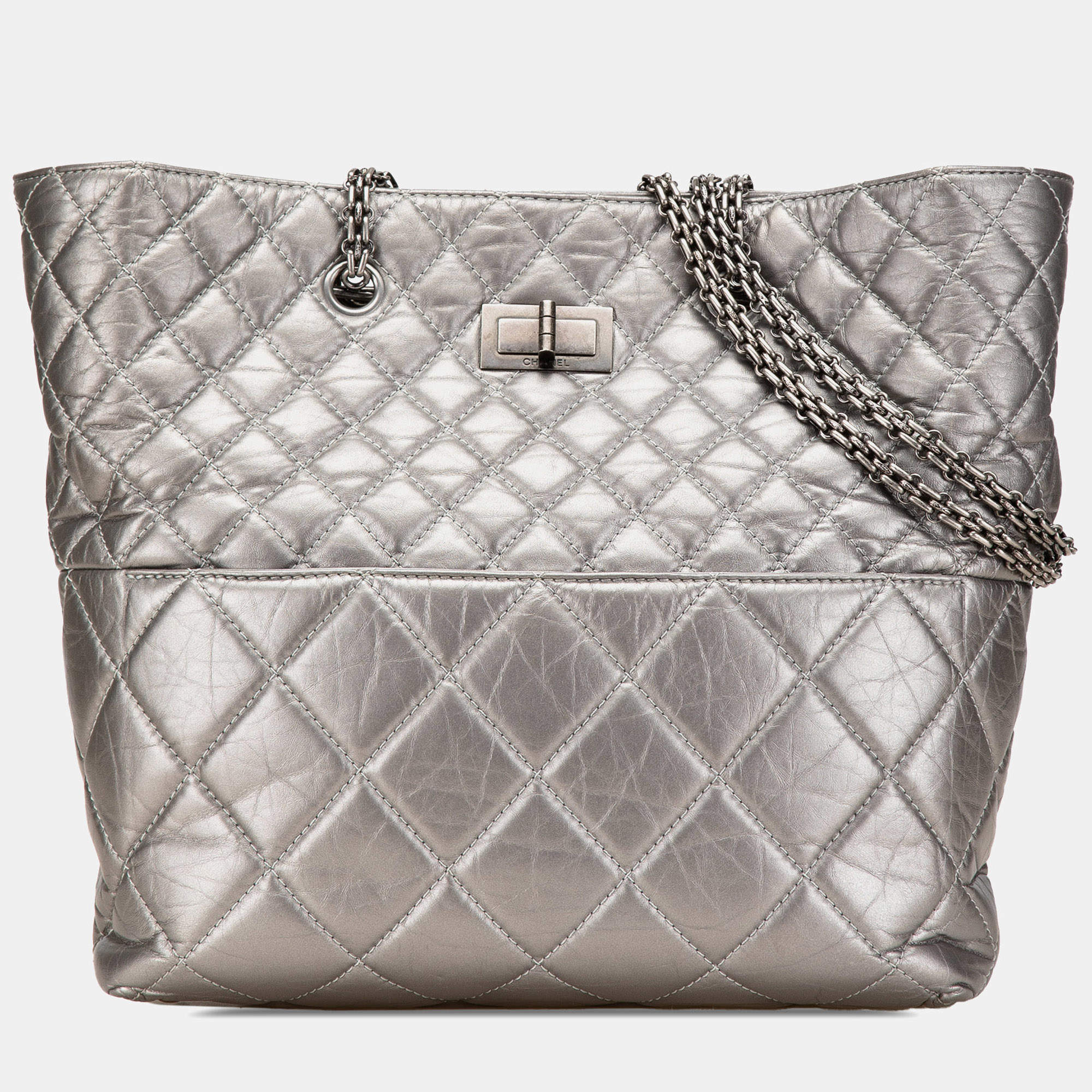 Pre Owned Chanel Silver Reissue 2.55 Quilted Aged Calfskin Tote