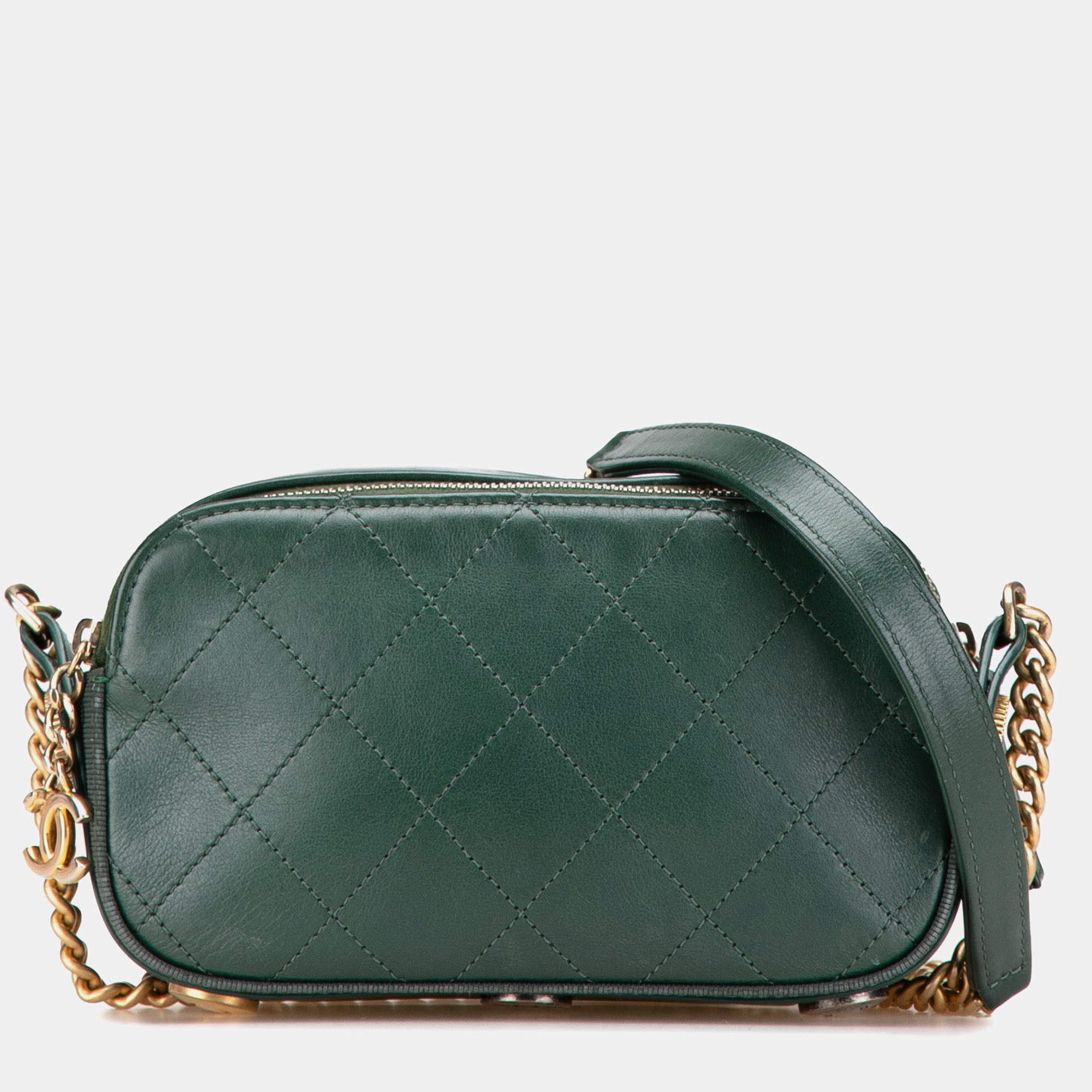 Pre Owned Chanel Green Stitched Calfskin and Grosgrain Button Up Double Zip Camera Bag
