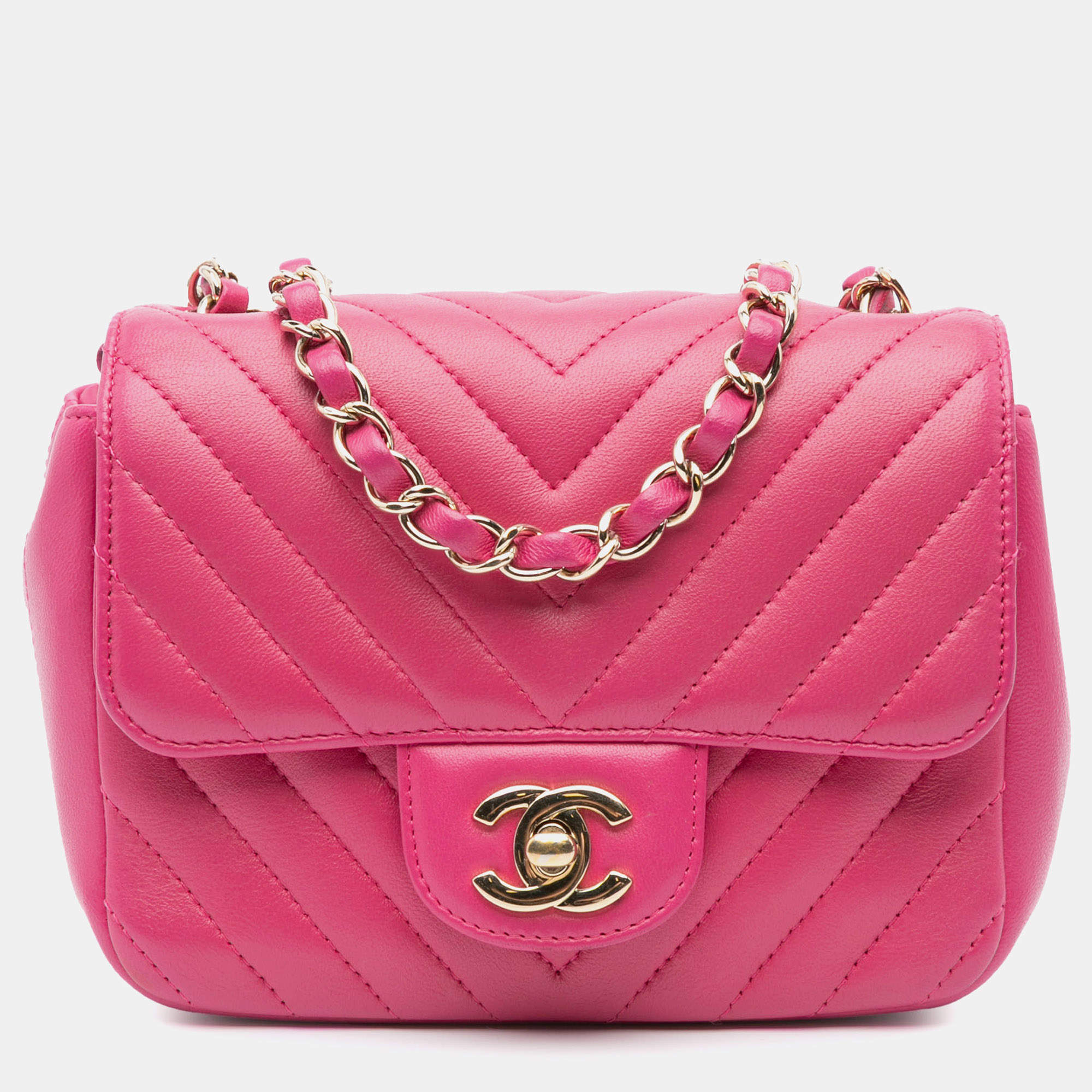 Pre Owned حقيبة بخطاف شيفرون شانيل جلد خروف وردي مربعة صغيرة