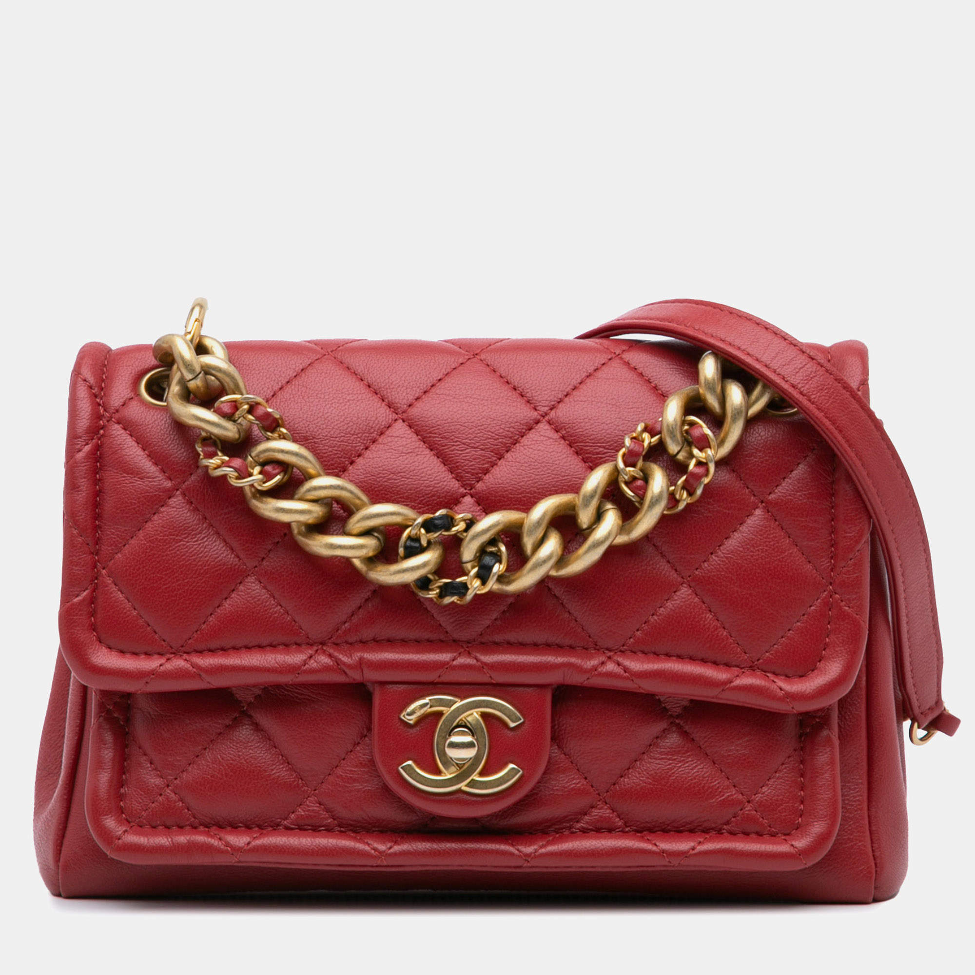 Pre Owned Chanel Red Small Quilted Lambskin Chain Link Flap