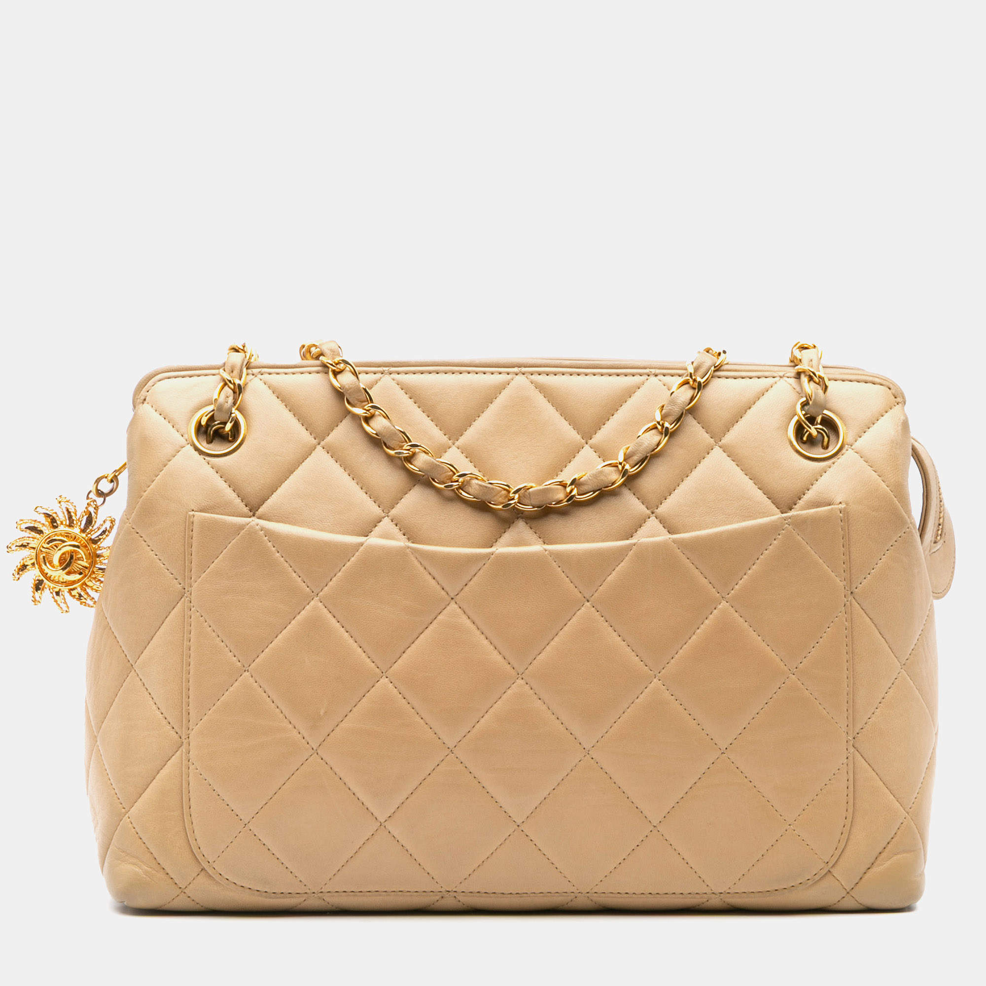 Pre Owned حقيبة شانيل بنية مبطنة جلد الخروف زينة شمس سلسلة كروس بودي