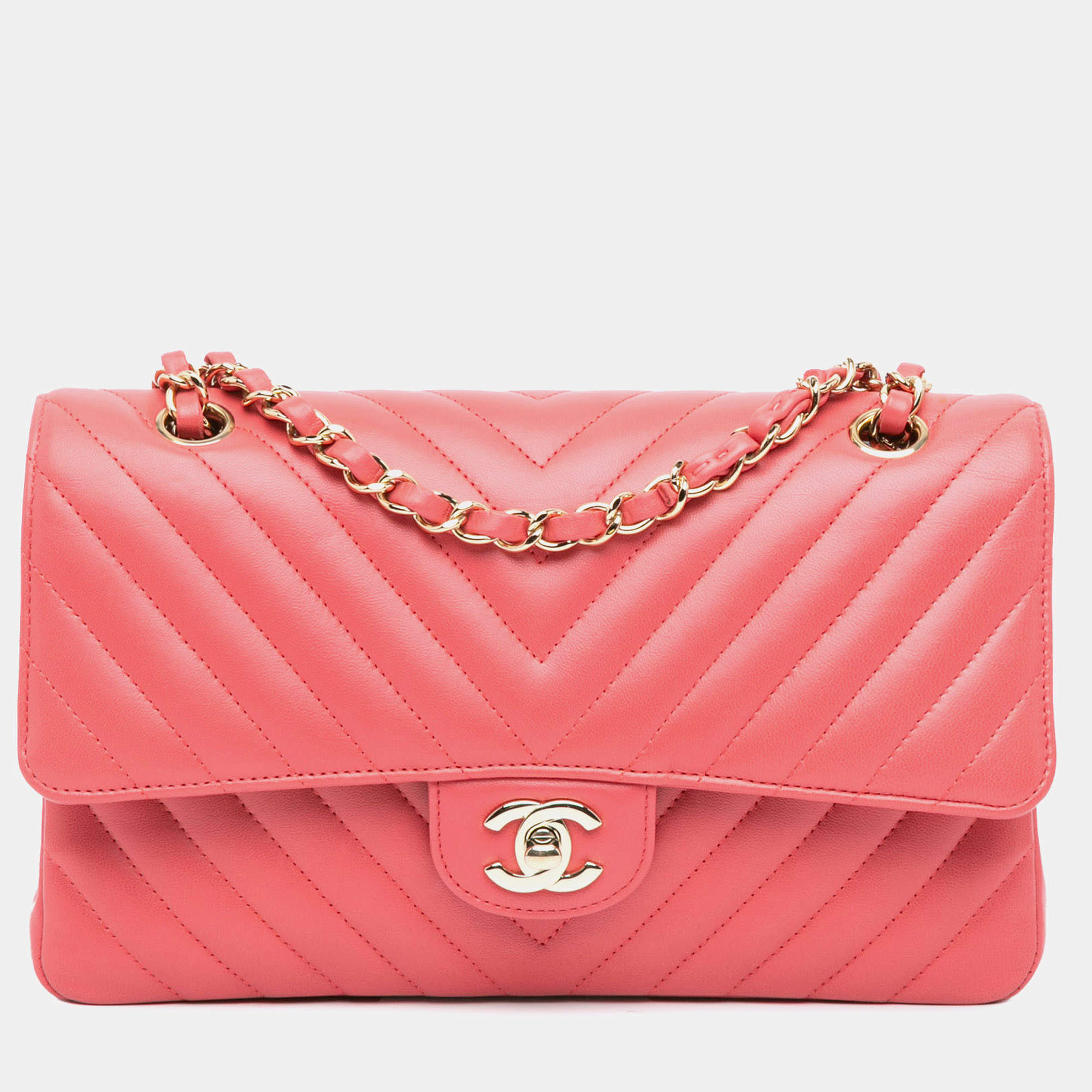 Pre Owned Chanel Pink Medium Classic Chevron Lambskin Double Flap
