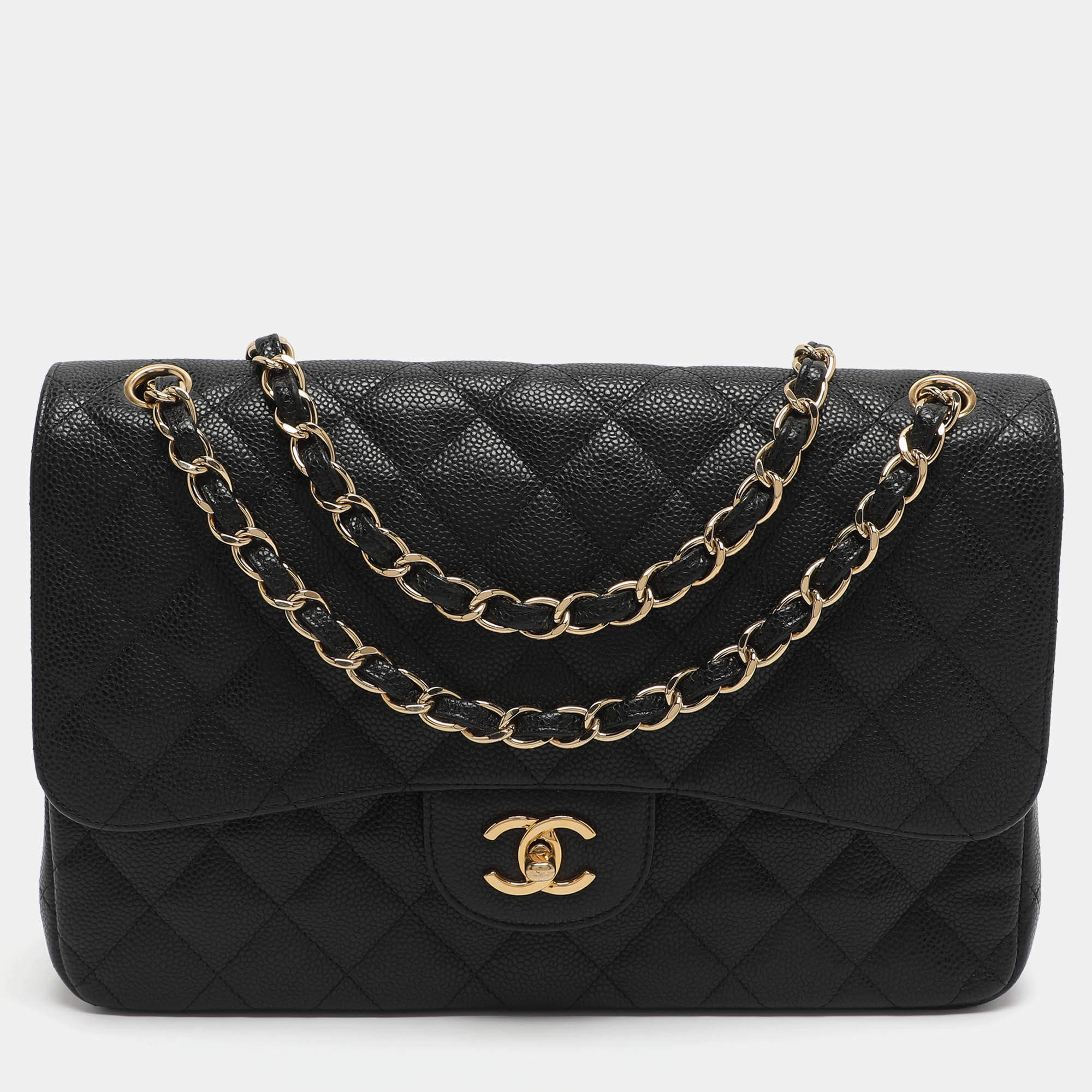 مملوكة مسبقًا Chanel Classic Double Flap Large Black Caviar Leather Shoulder Bag