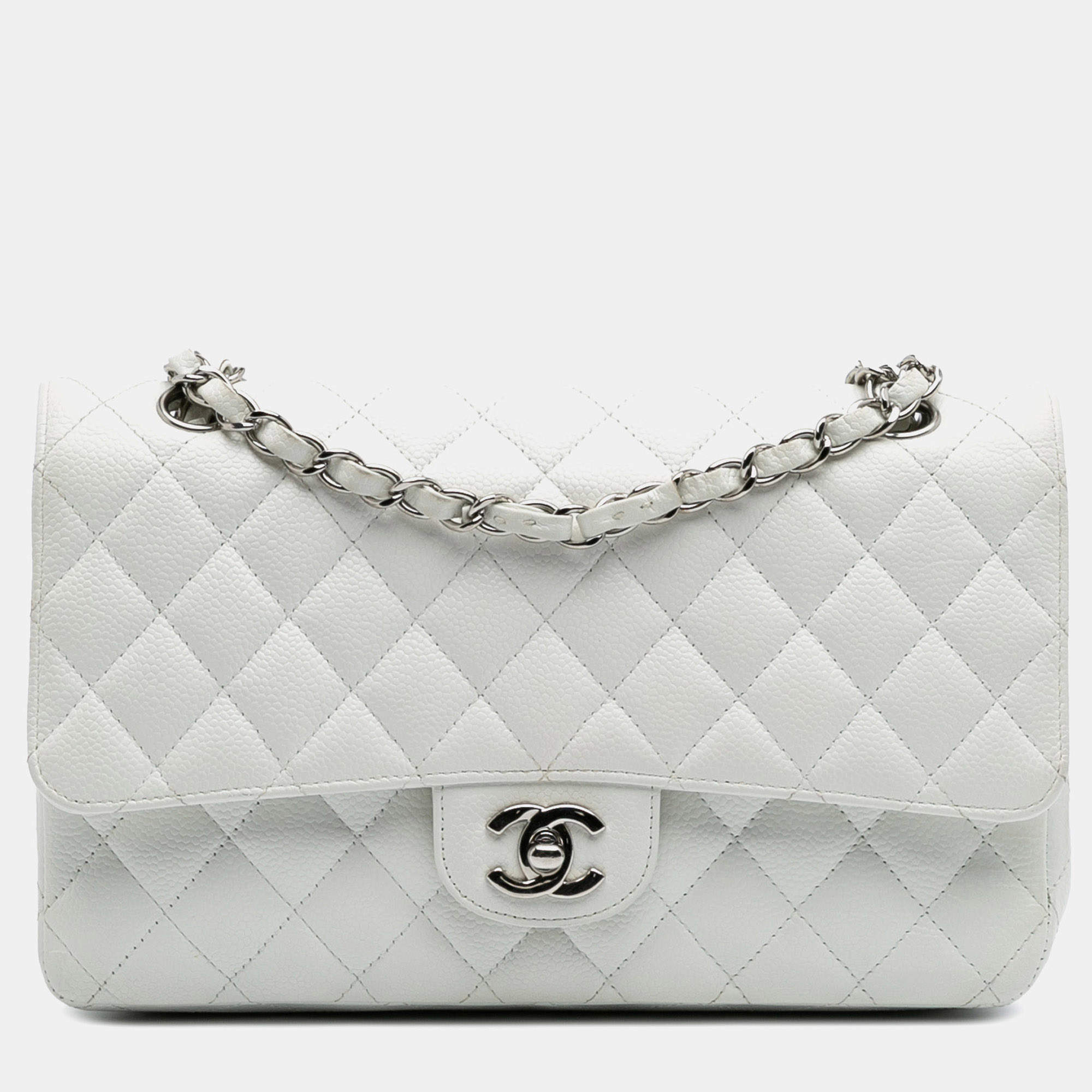 Pre Owned Chanel White Medium Classic Caviar Double Flap