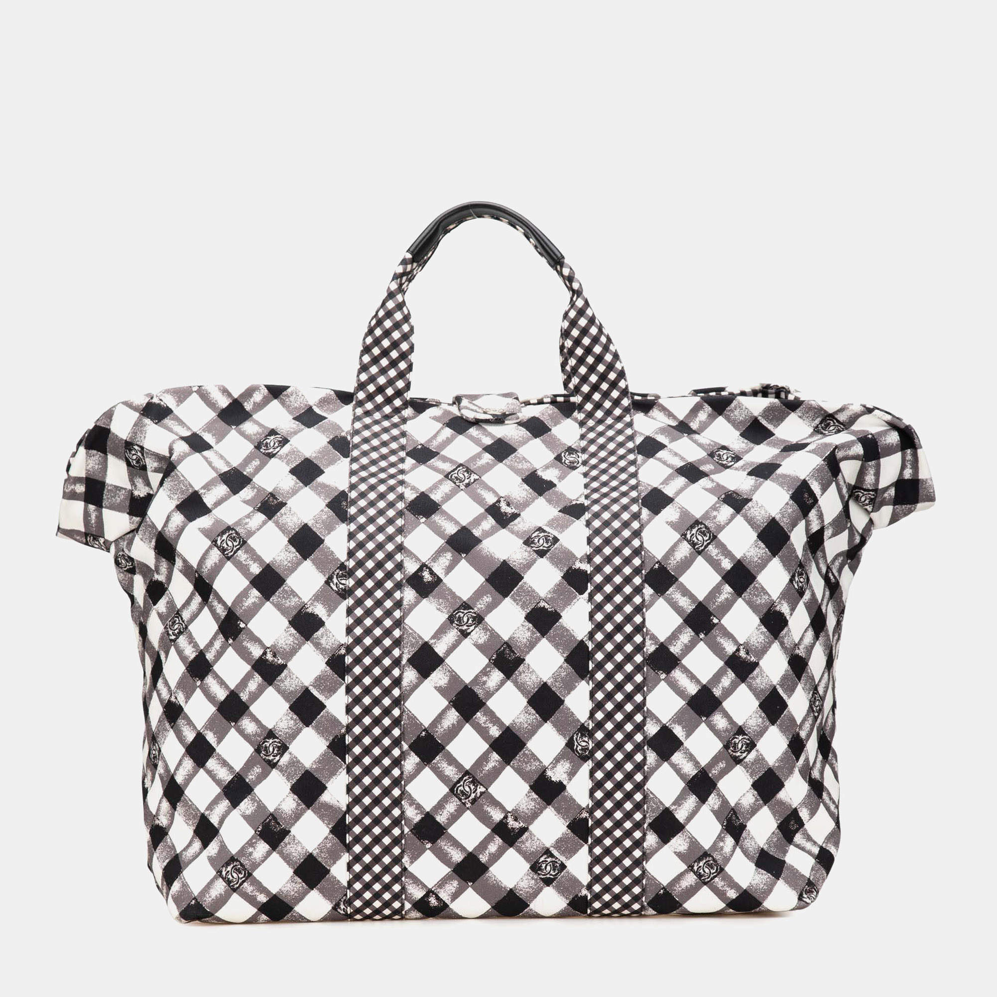 Pre Owned Chanel Black White Printed Canvas Gingham Weekender Tote