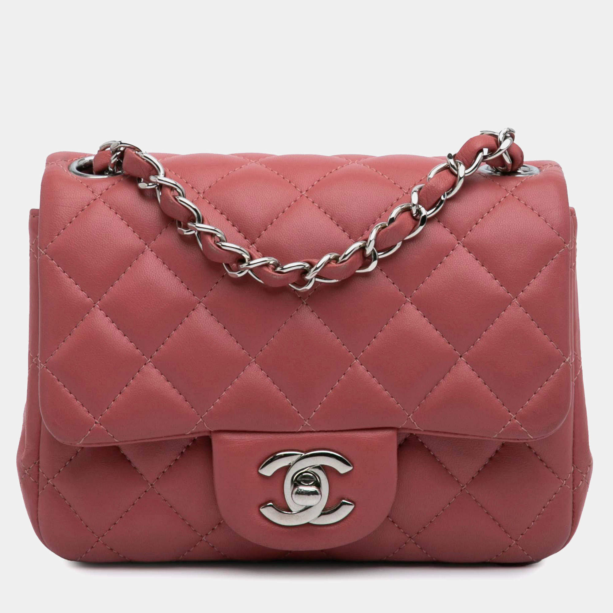 Pre Owned حقيبة شانيل ميني مربعة كلاسيك جلد الخروف وردية مع رفرف فردي