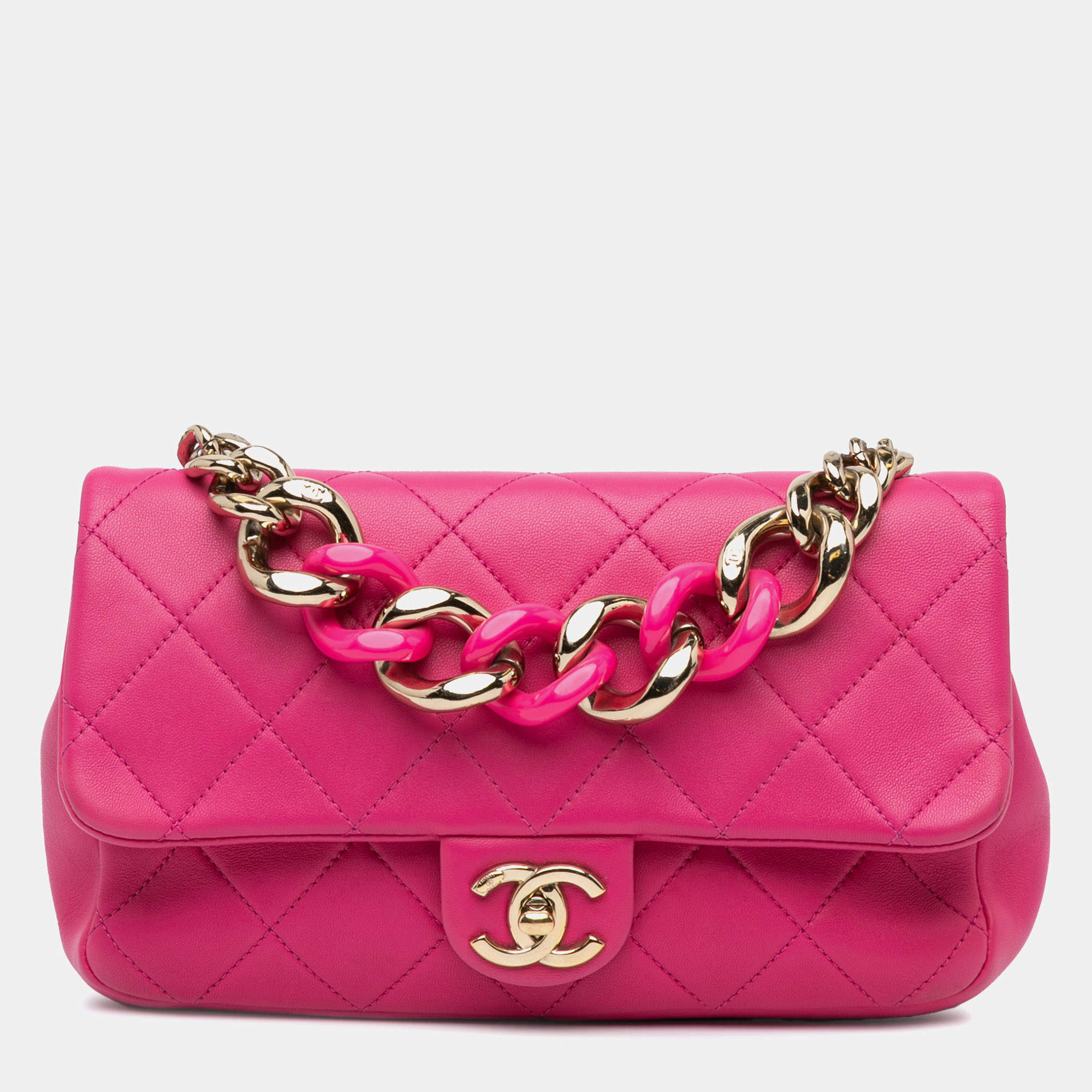 Pre Owned Chanel Pink Small Lambskin Elegant Chain Single Flap