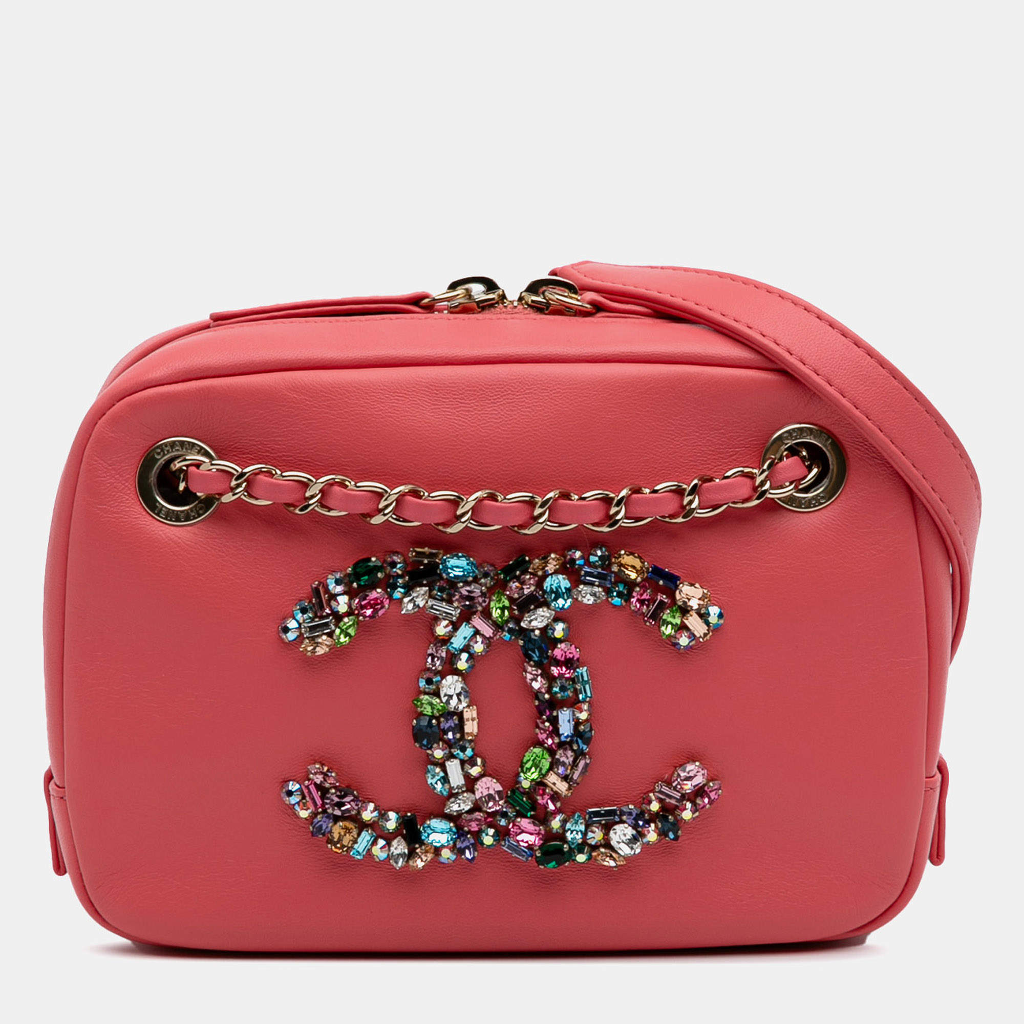 Pre Owned حقيبة كاميرا شانيل جلد خروف وردية كريستال كبير شعار سي سي