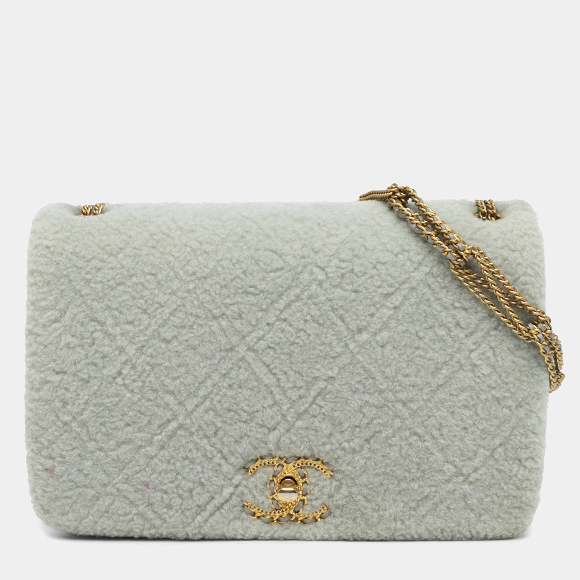 Pre Owned شنطة شانيل سلسلة شيرلينغ مبطن رمادي فلاب