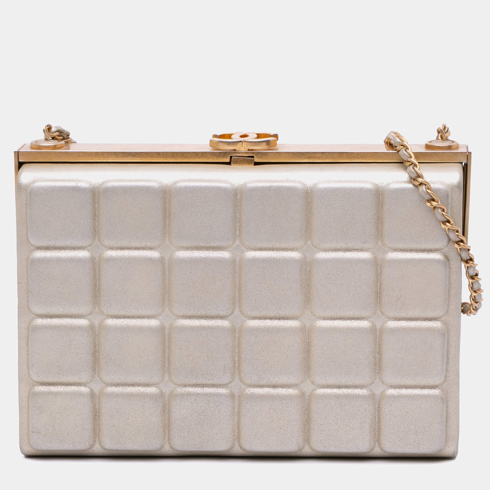 Pre Owned Chanel Gold Chocolate Bar Metallic Lambskin Frame Clutch with Chain