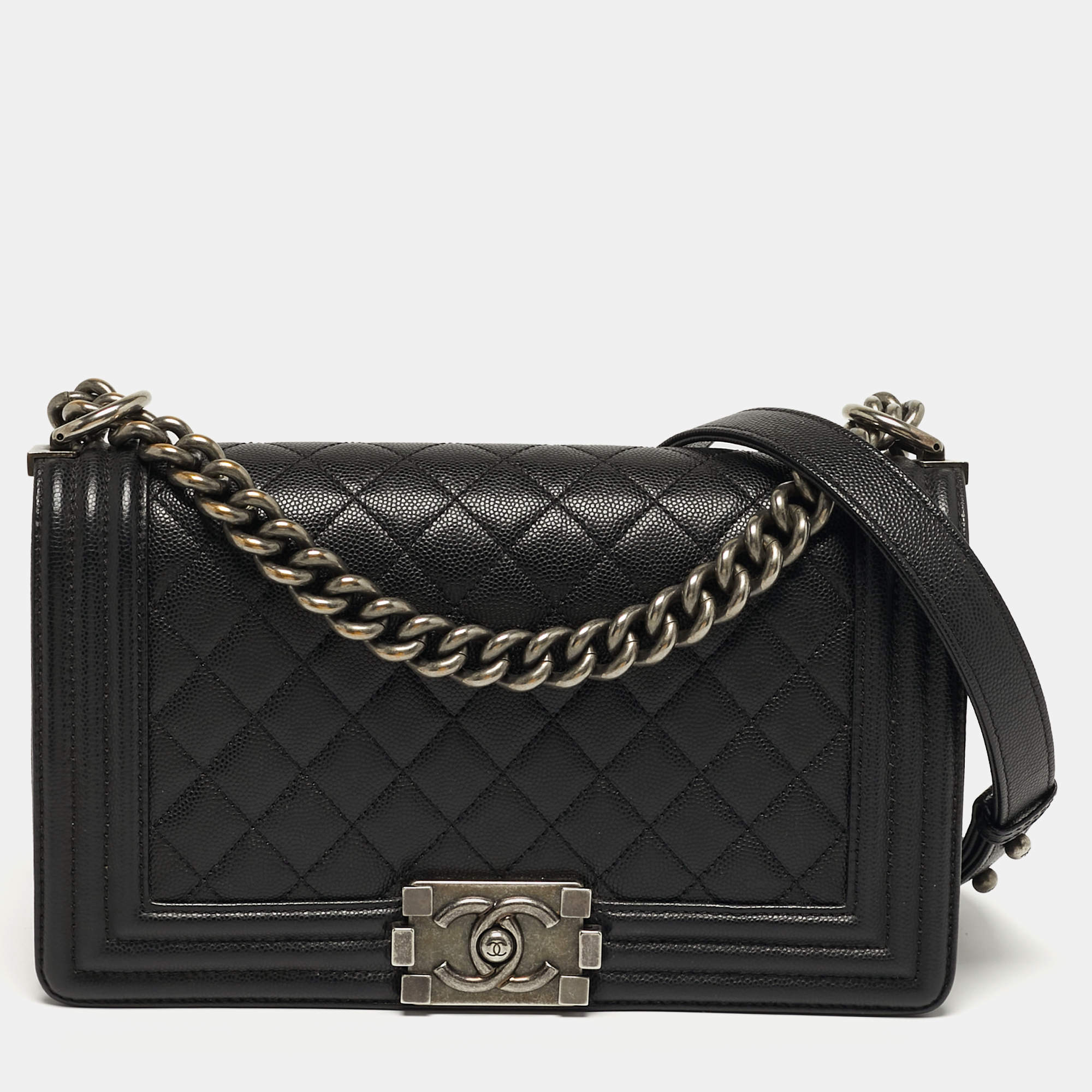 Pre Owned Chanel Boy Medium Black Quilted Caviar Leather Flap Bag