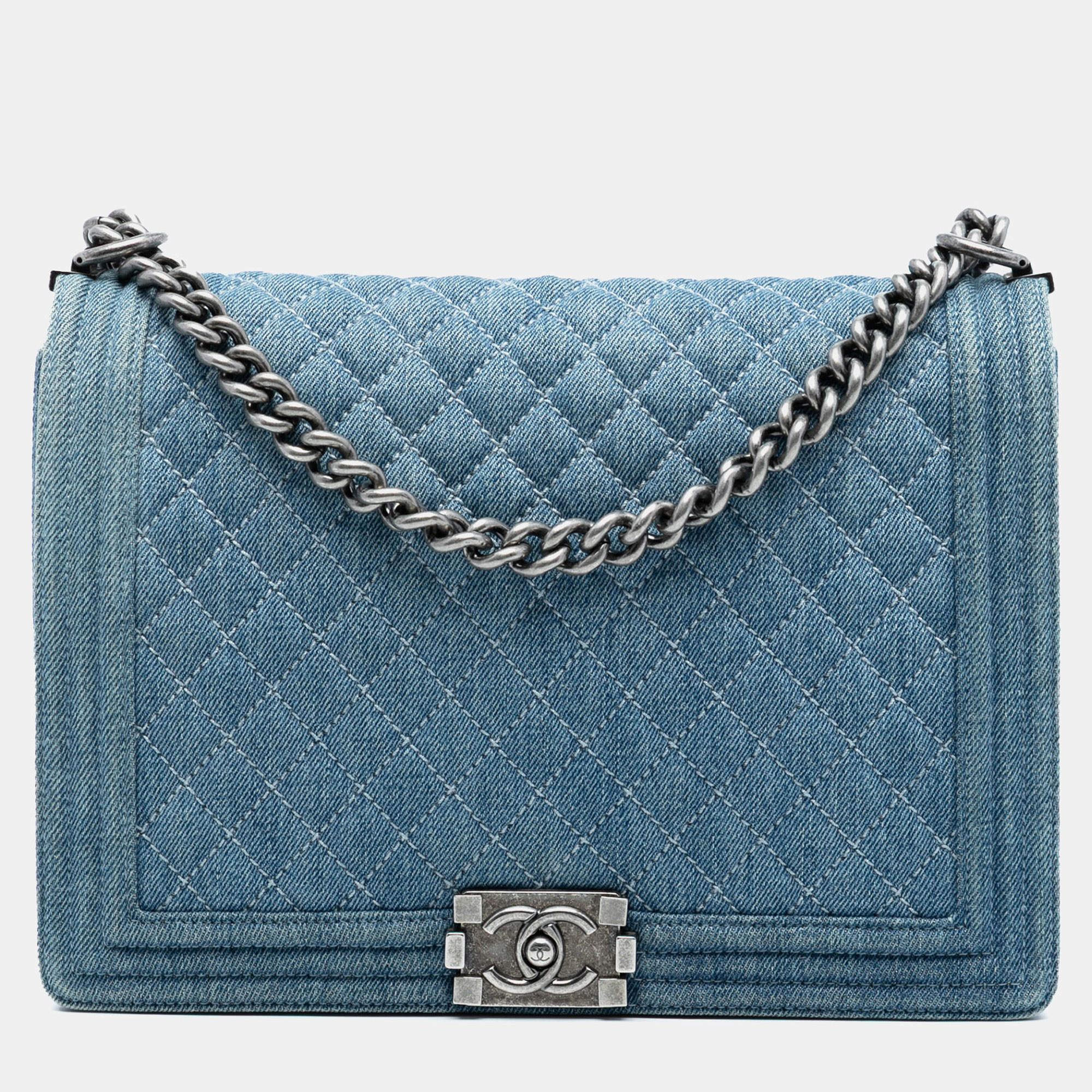 Pre Owned Chanel Blue Large Quilted Denim Boy Flap