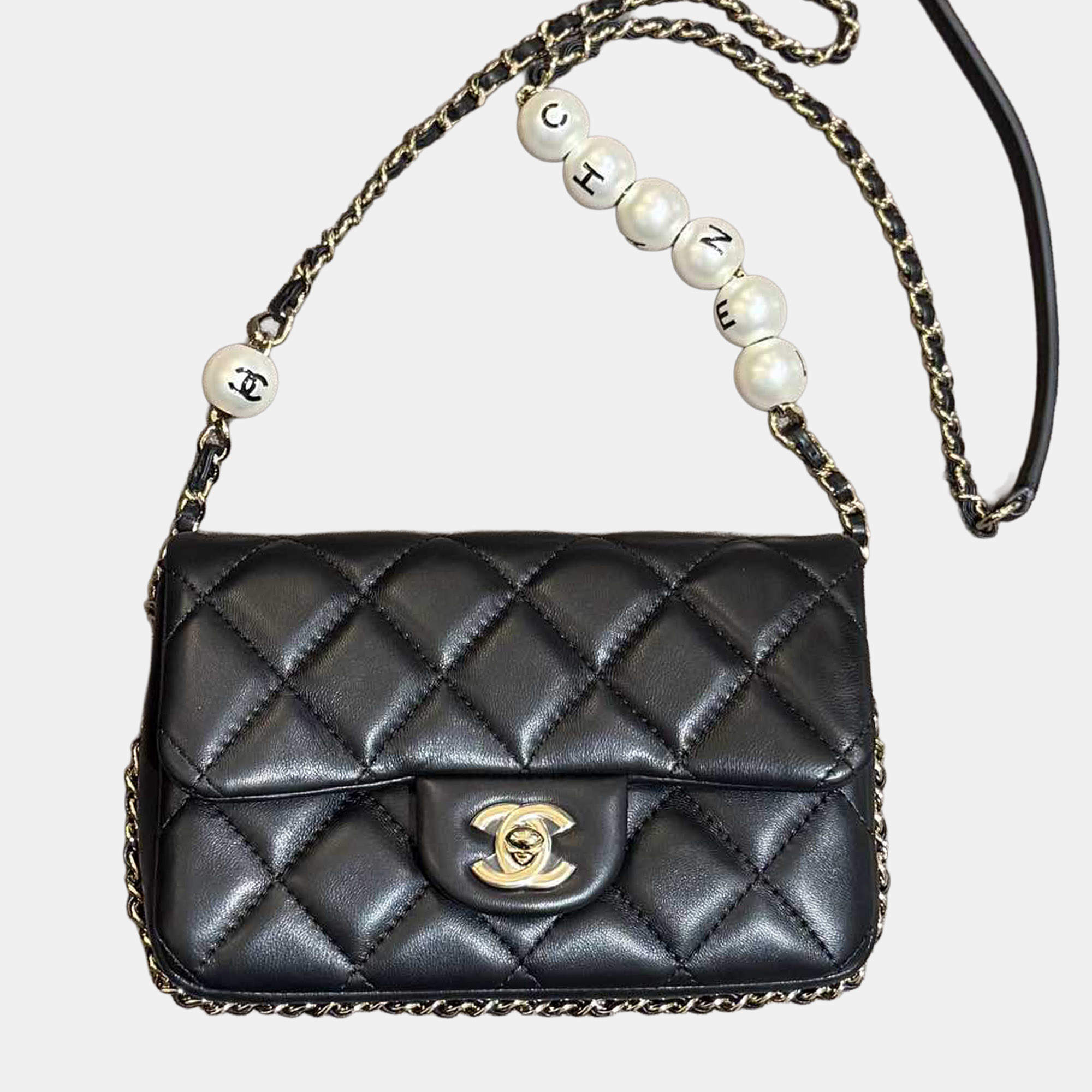 Pre Owned Chanel Mini Flap Bag Black with Gold Hardware Pearl Logo