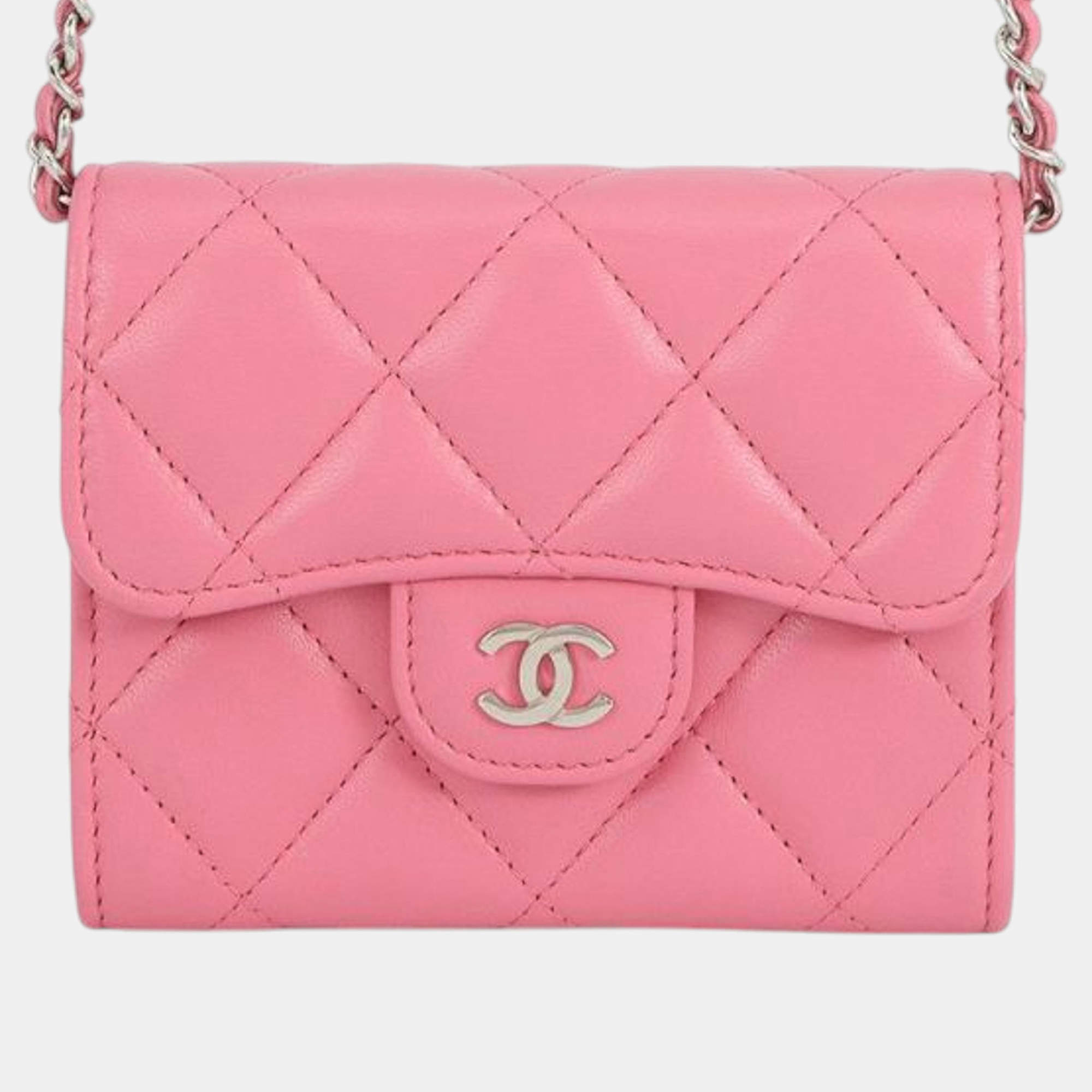 Pre Owned Chanel Pink CC Quilted Lambskin Flap Card Holder on Chain