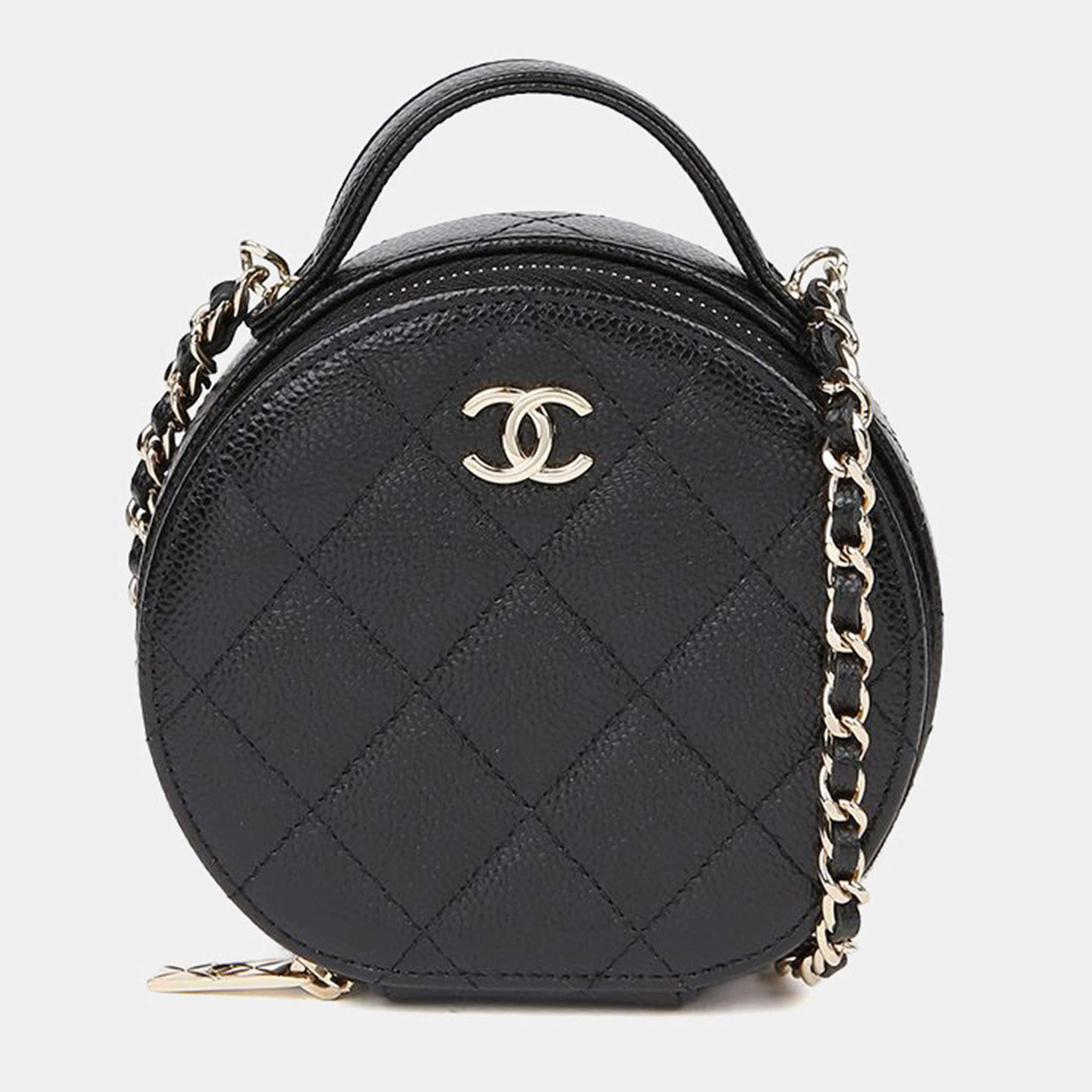 Pre Owned حقيبة شانيل جلد كافيار دائري أسود بيد علوية وحمالة كتف