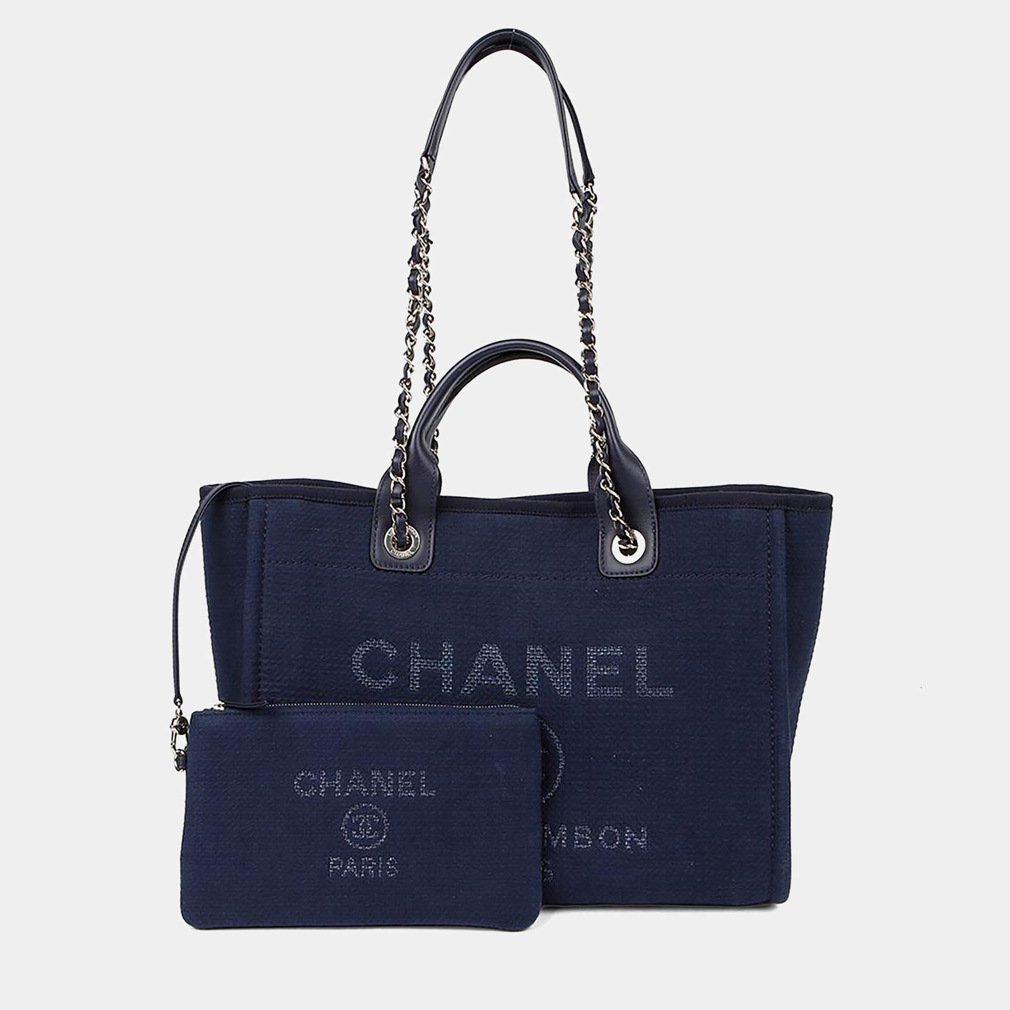 Pre Owned Chanel Deauville Medium Blue Canvas Tote Bag