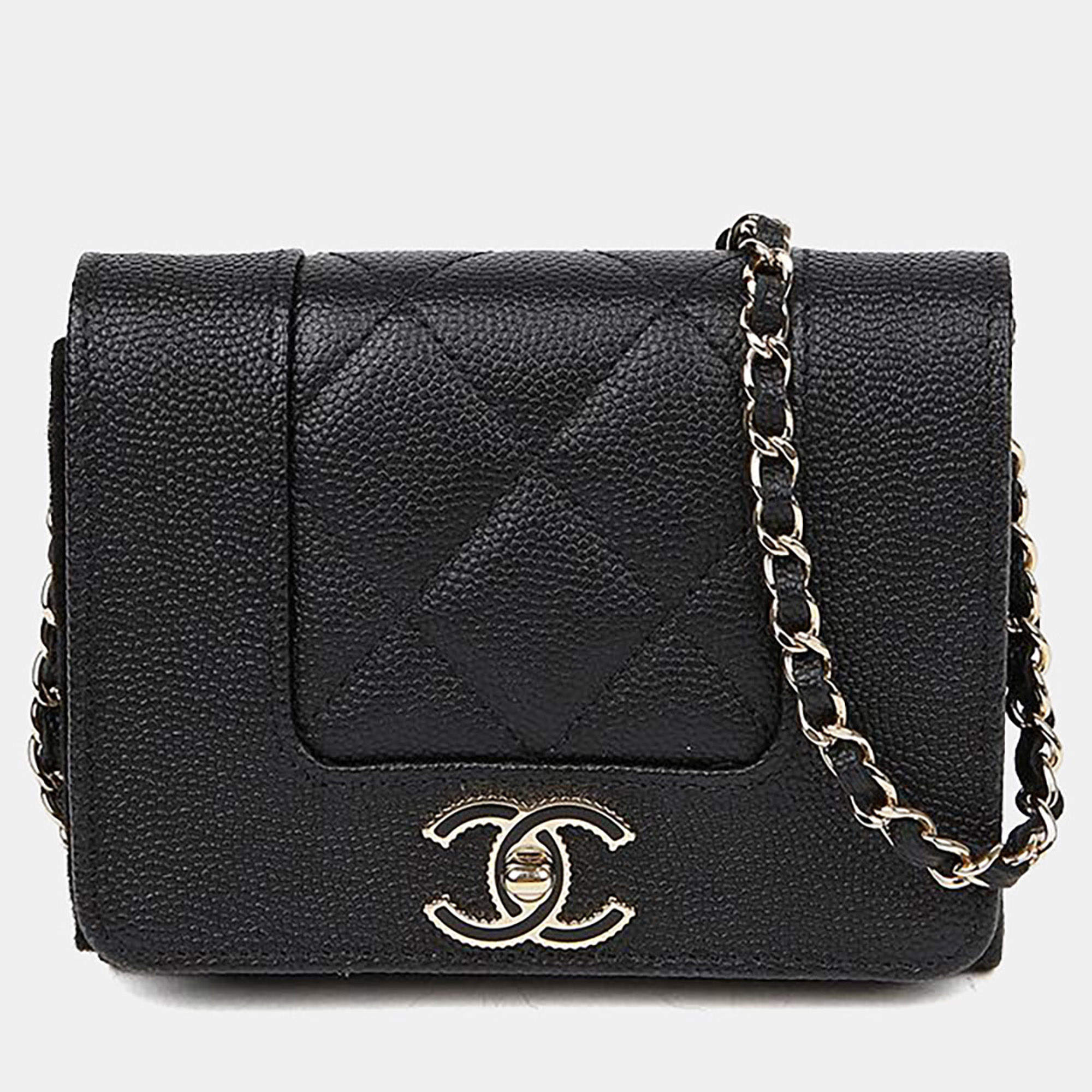 Pre Owned Chanel Mademoiselle Black Caviar Leather Wallet On Chain