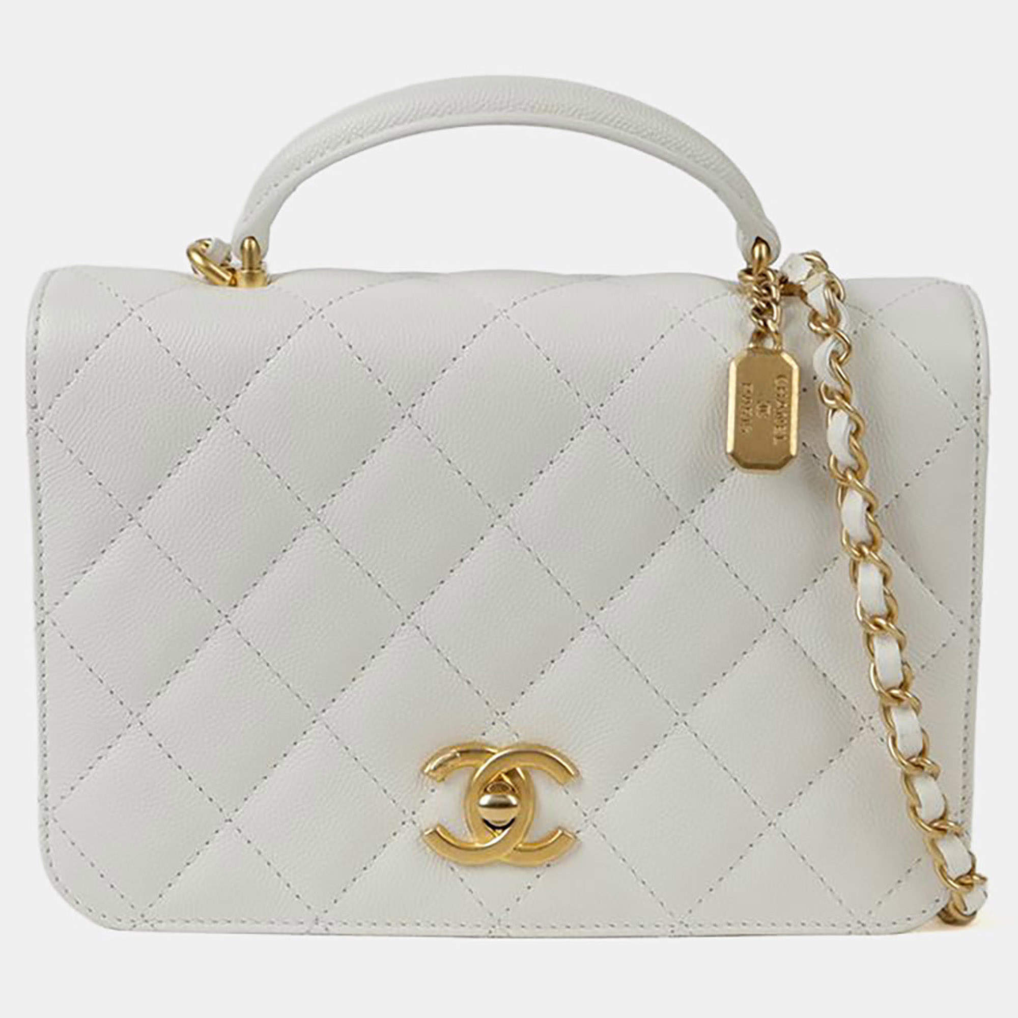 Pre Owned Chanel Small White Caviar Leather Shoulder Bag