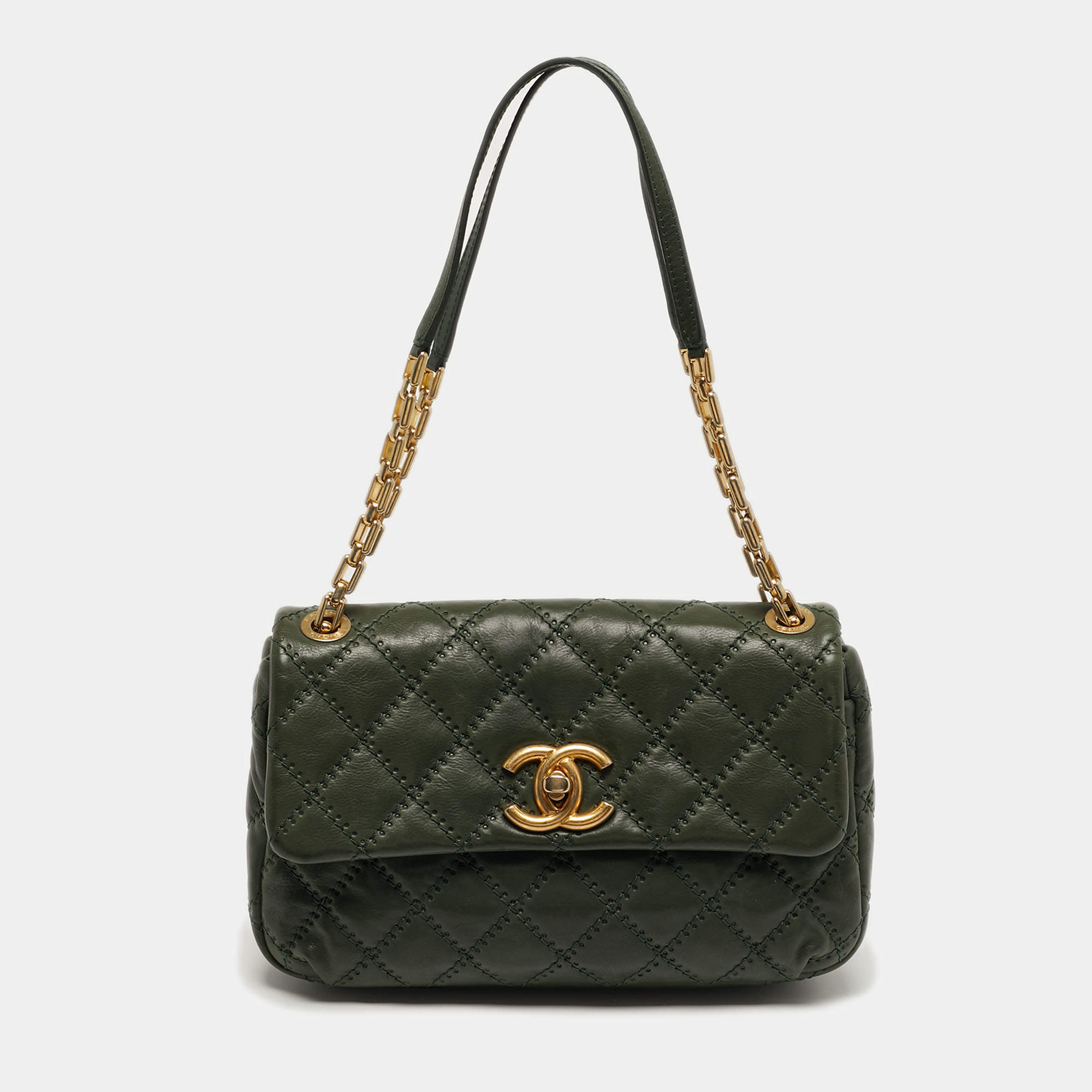 Pre Owned Chanel Green Ultimate Stitch Quilted Leather Retro Chain Flap Bag