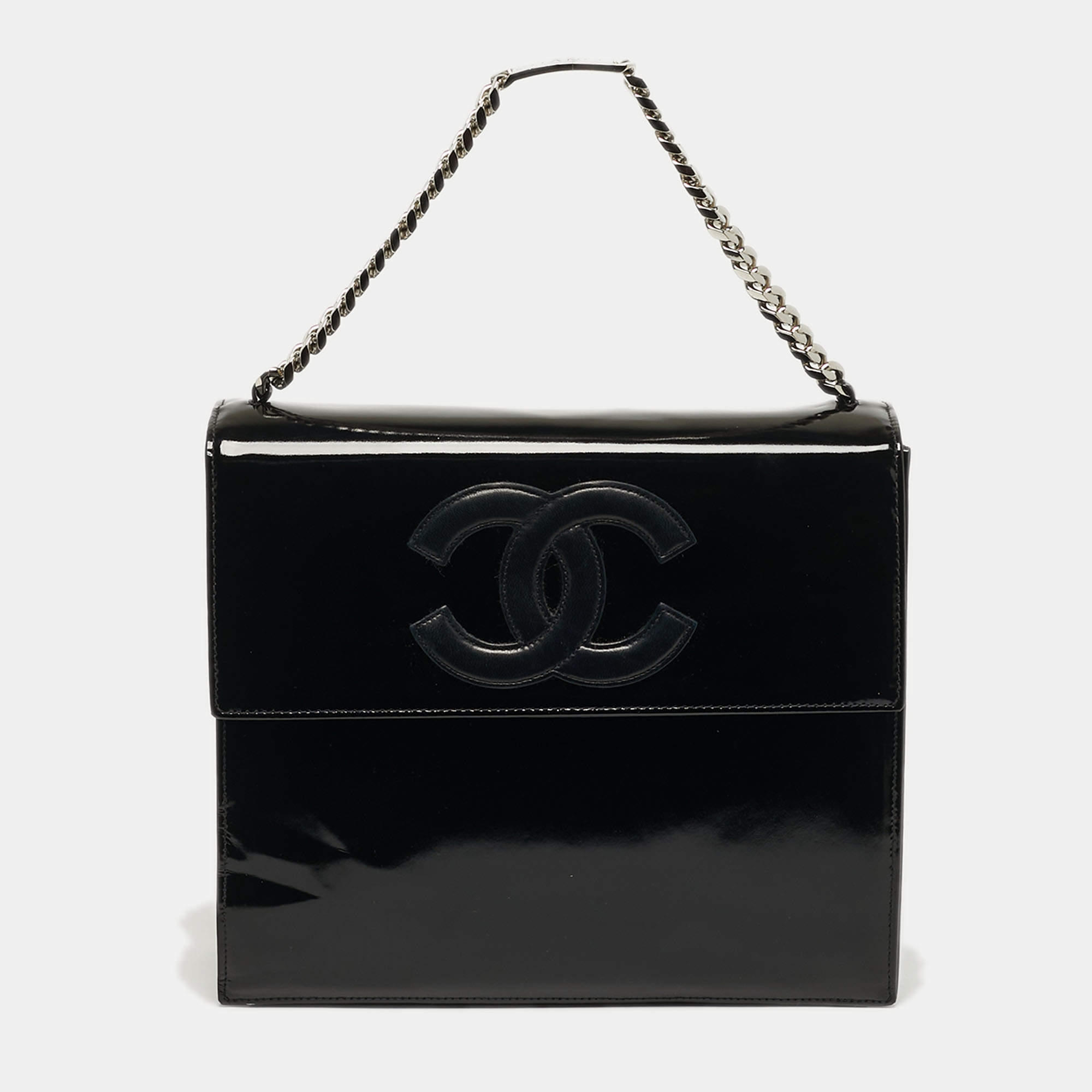 Pre Owned Chanel CC Black Patent and Leather Chain Top Handle Bag