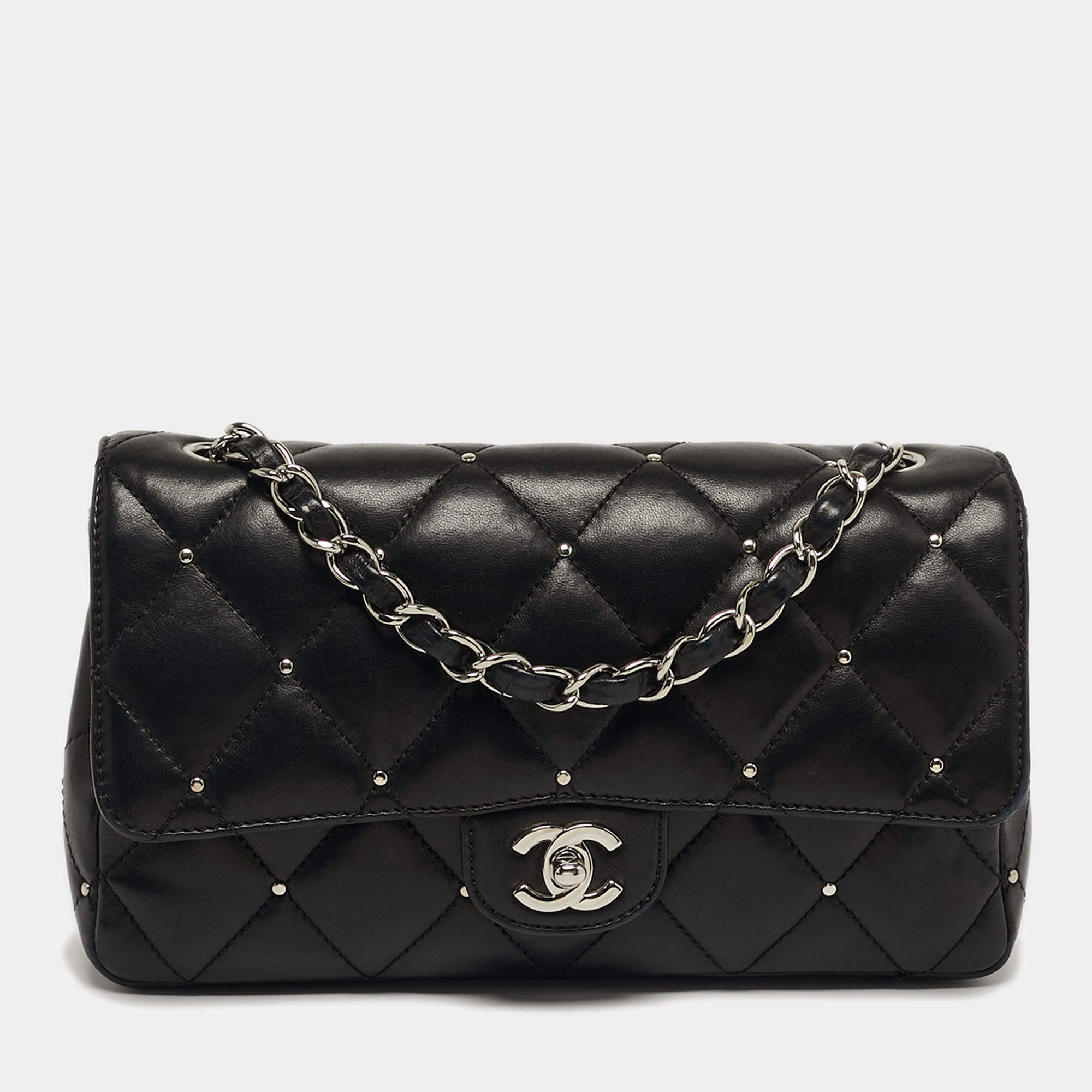 Pre Owned Chanel Classic Single Flap Medium Studded Quilted Leather Shoulder Bag