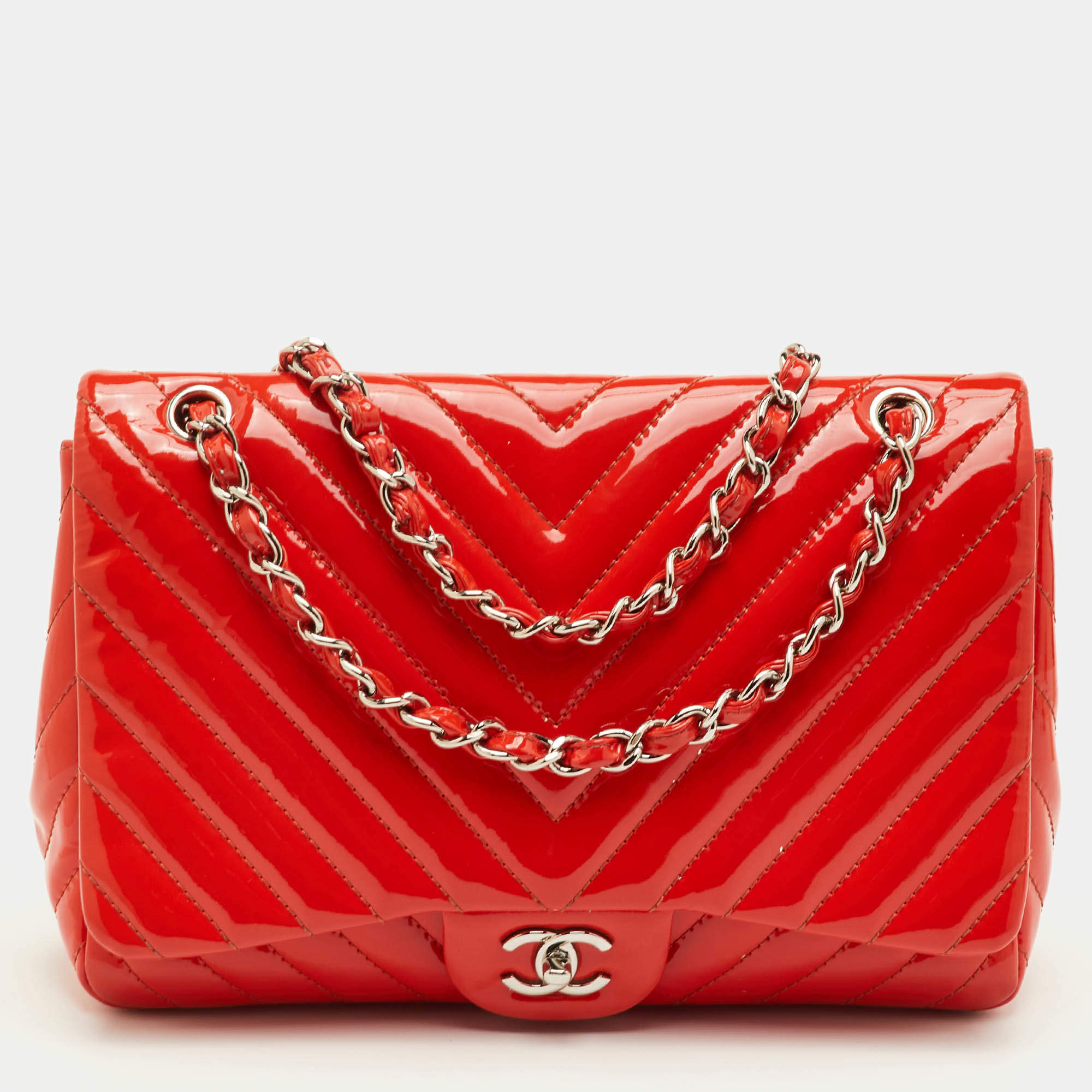 Pre Owned حقيبة شانيل كتف جلد لامع شيفرون برتقالي قلاب فردي جامبو كلاسيكية