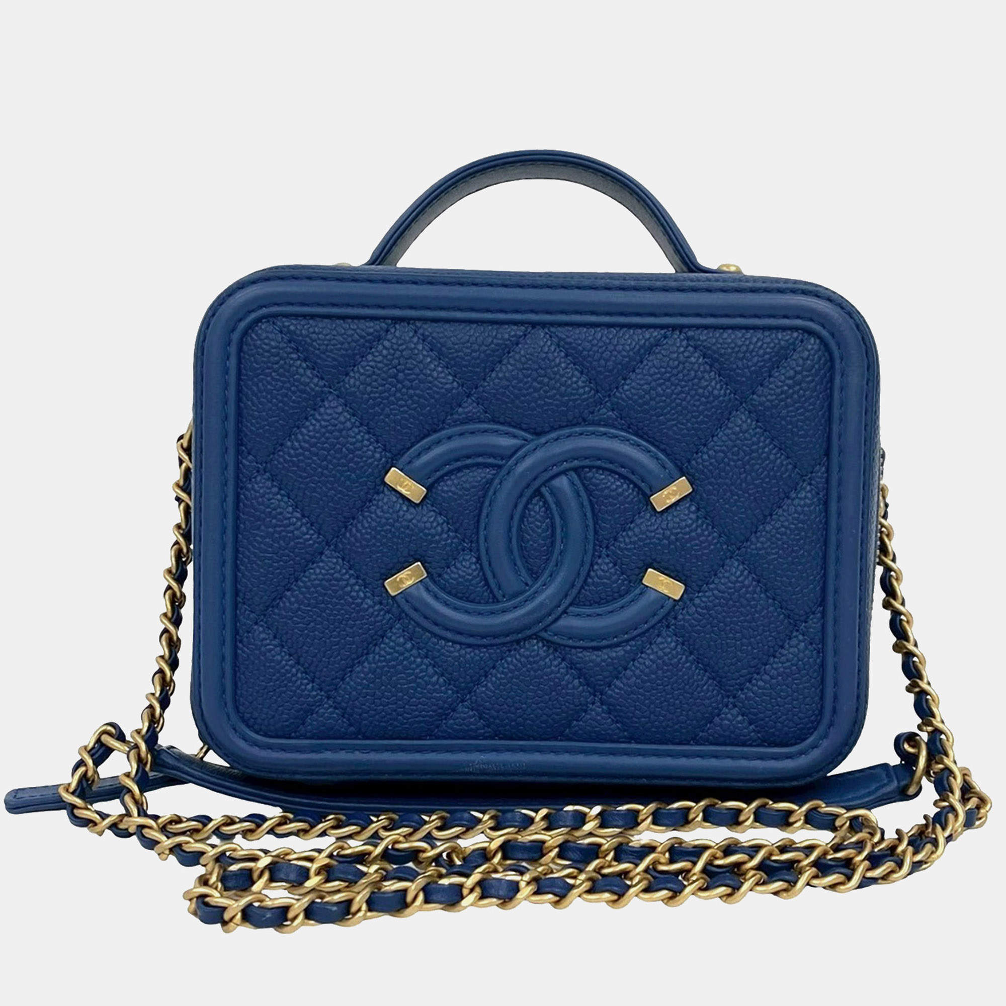 Pre Owned Chanel Blue Small Caviar CC Filigree Vanity Case