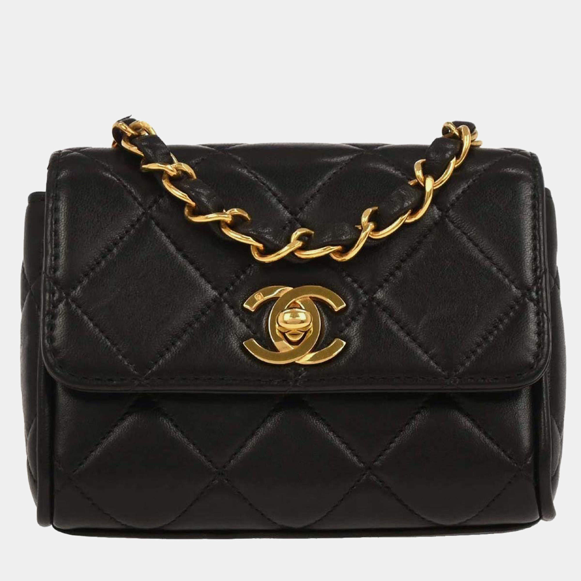 Pre Owned Chanel Chain Black Lambskin Leather Shoulder Bag