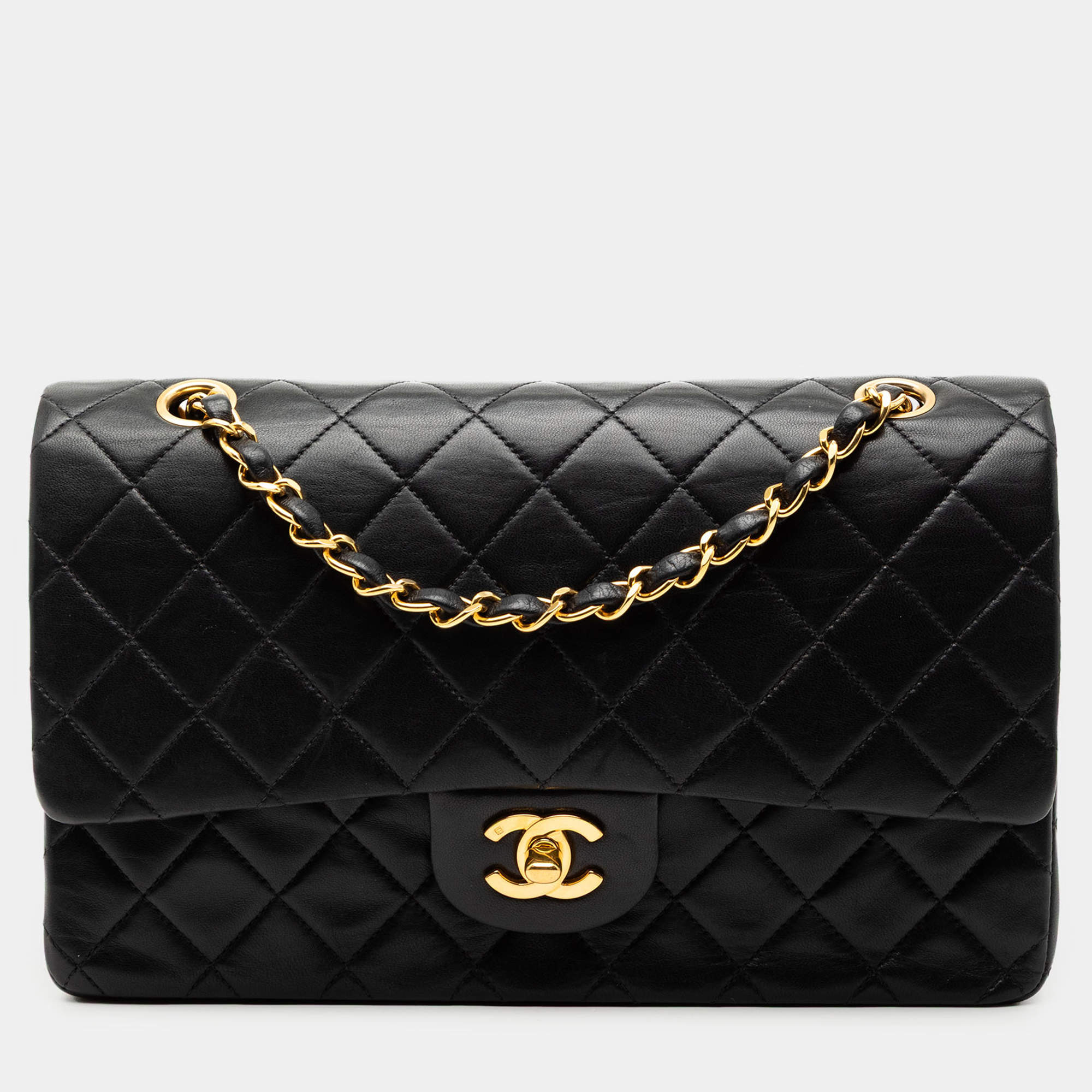 Pre Owned Chanel Black Medium Classic Lambskin Double Flap