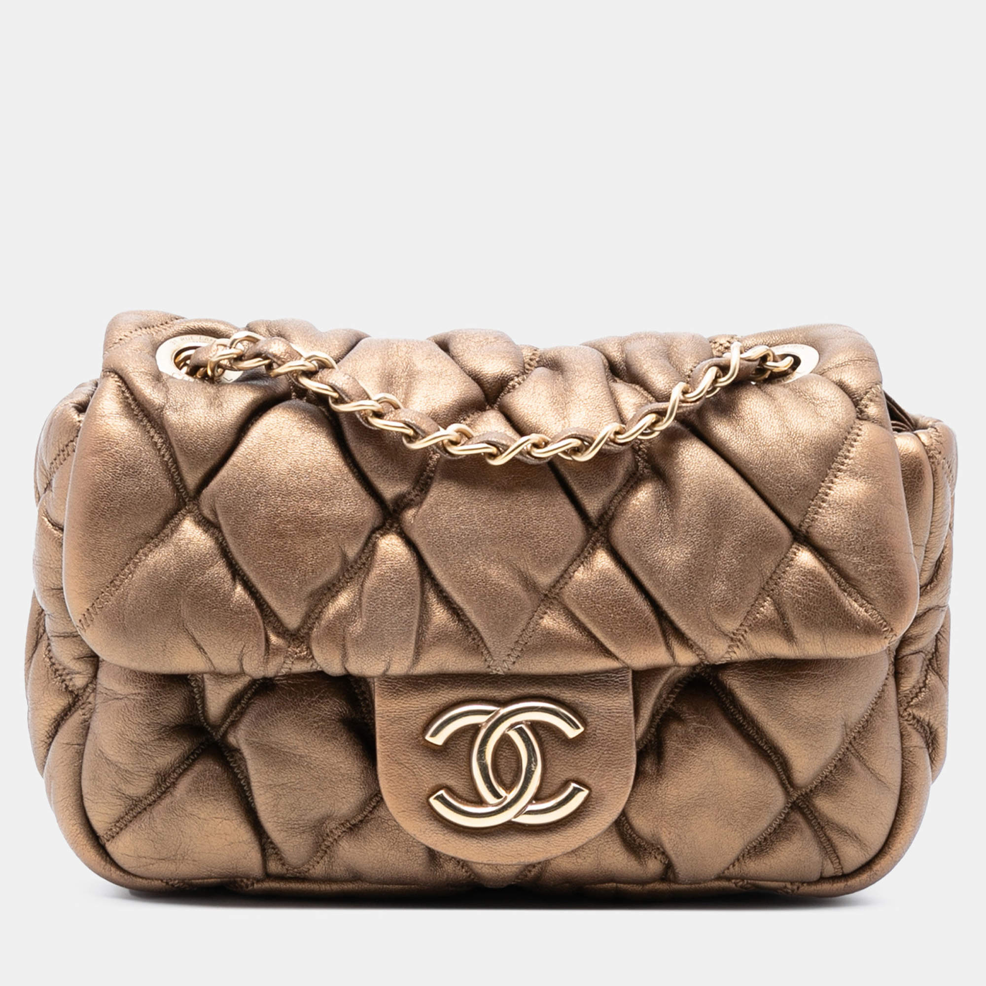 Pre Owned Chanel Brown CC Lambskin Bubble Quilt Flap