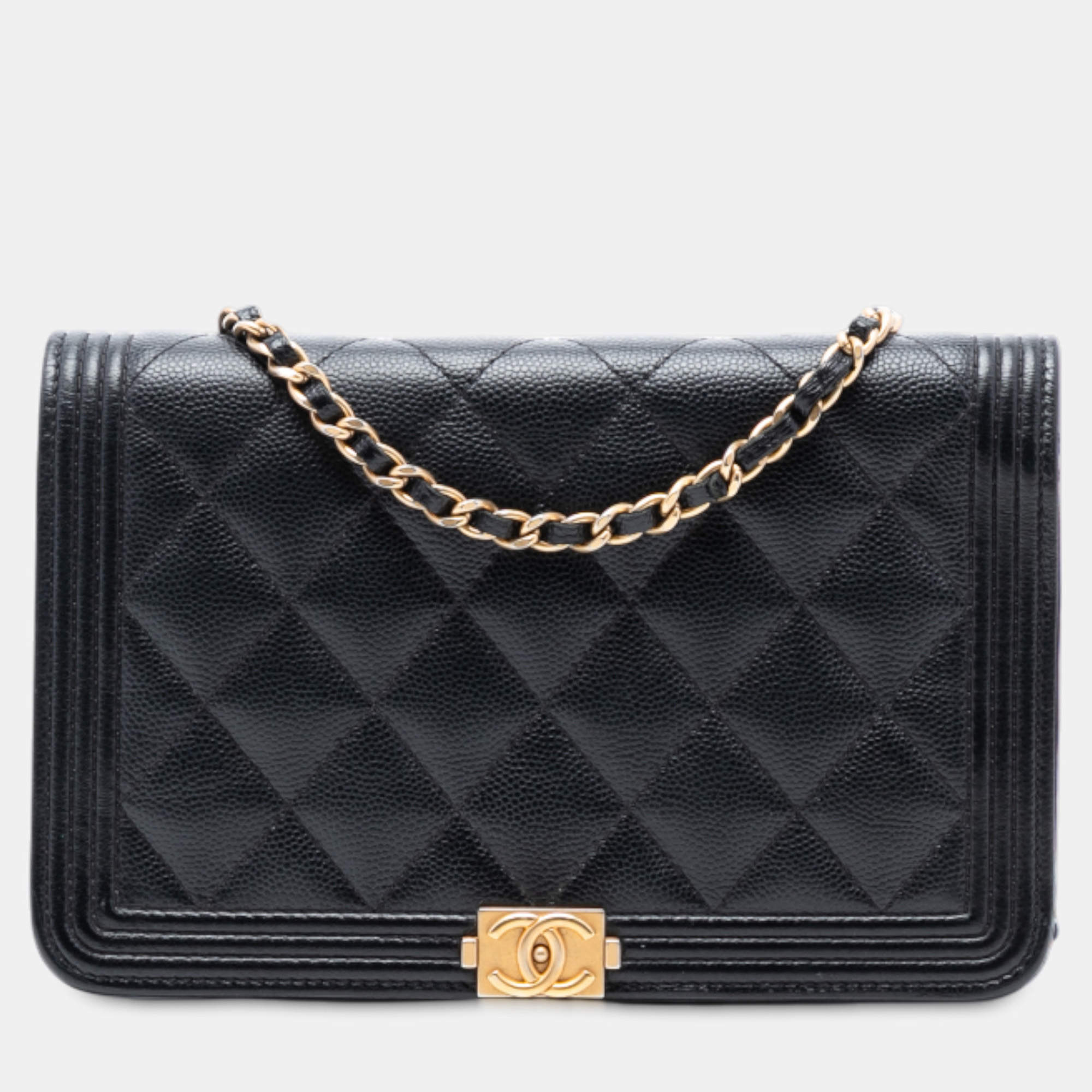Pre Owned Chanel Black Quilted Caviar Boy Wallet on Chain