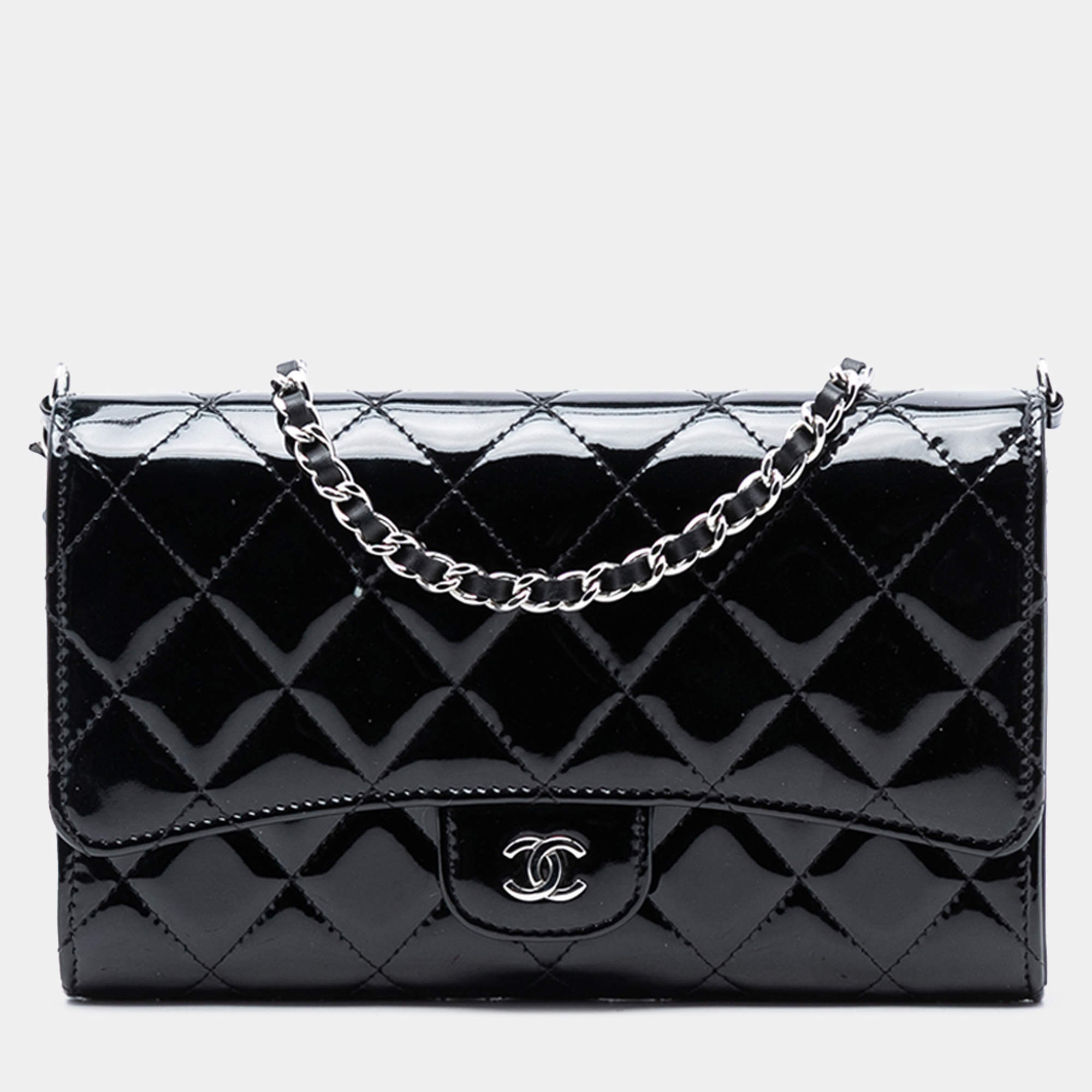 Pre Owned Chanel Black Classic Patent Wallet On Chain