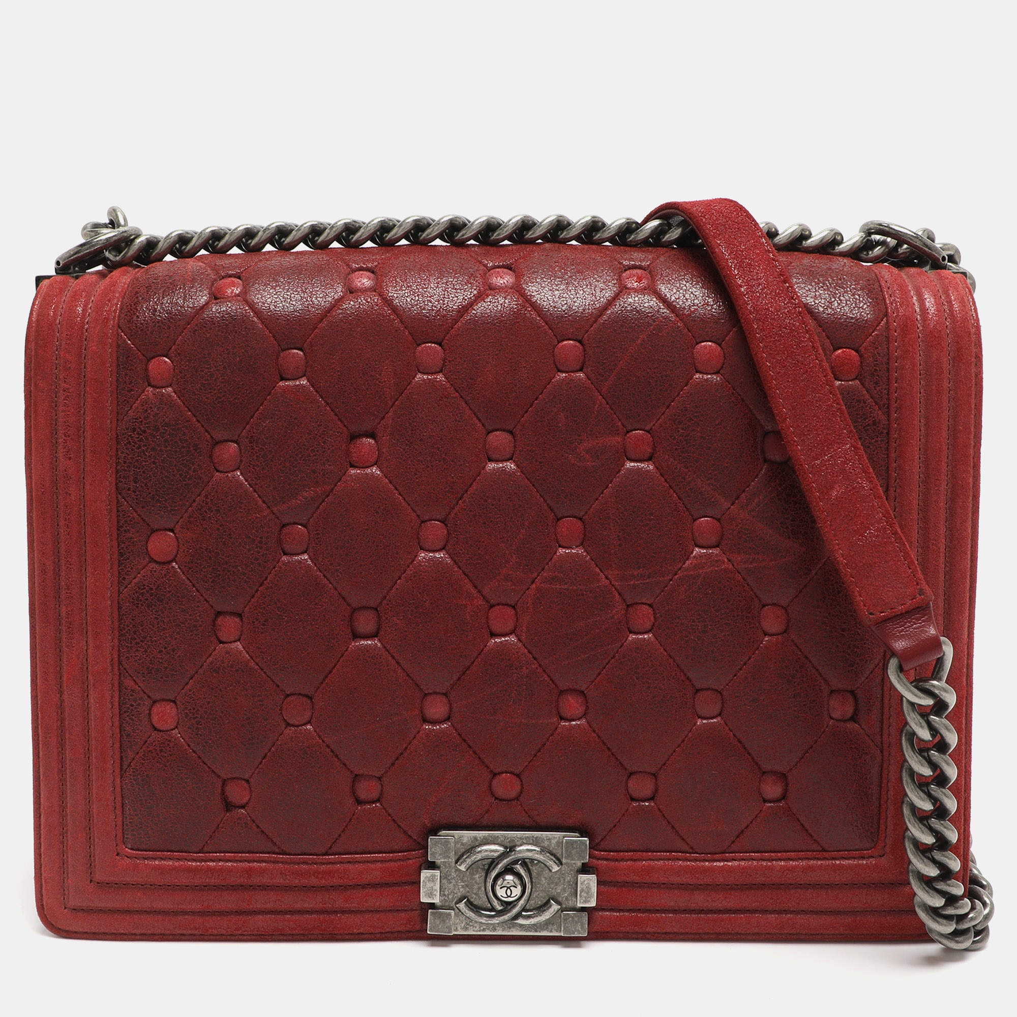 مملوكة مسبقًا Chanel Boy Large Burgundy Chesterfield Quilted Nubuck Leather Flap Bag
