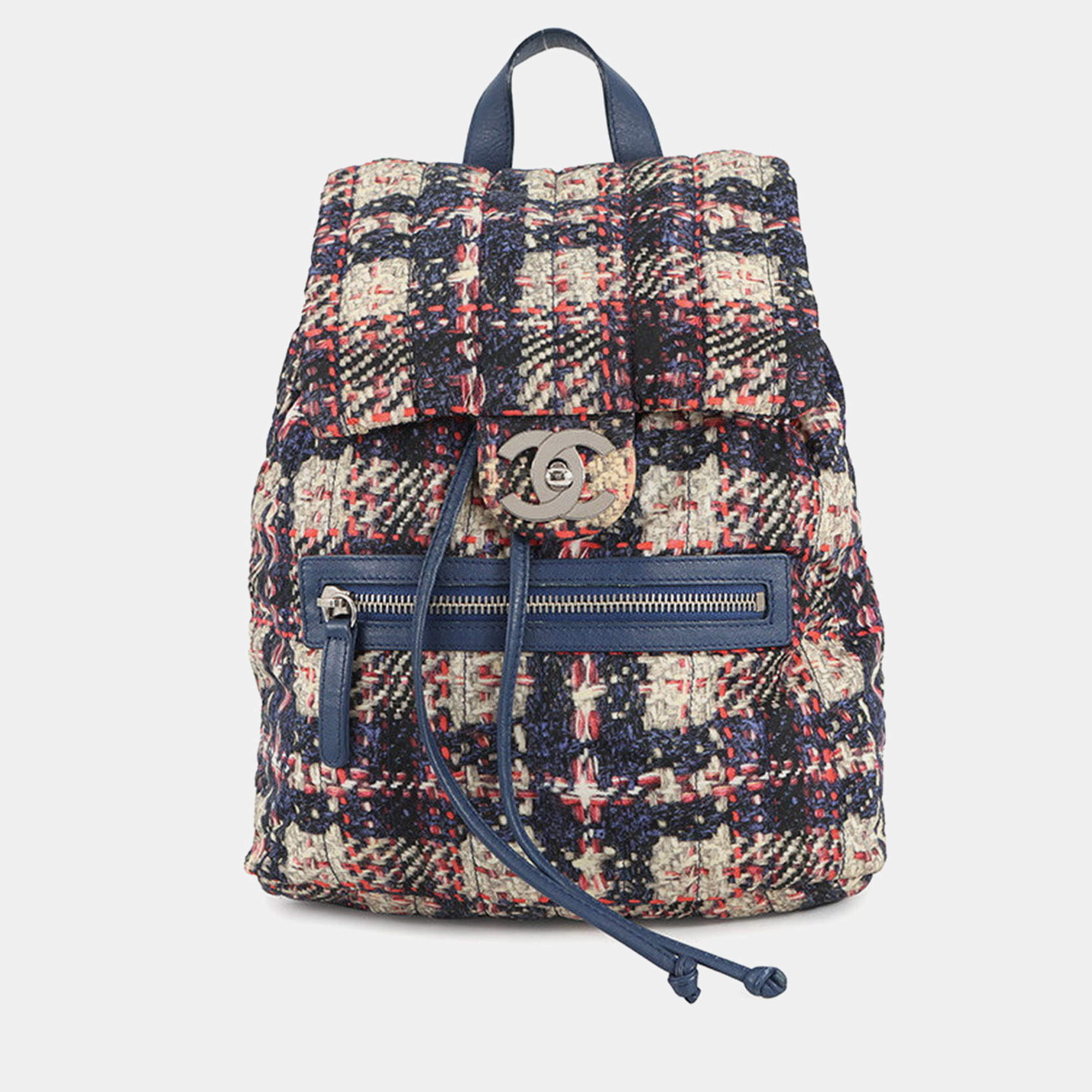 Pre Owned Chanel Cc Logo Tweed Print Backpack Blue/Multicolor Nylon Leather