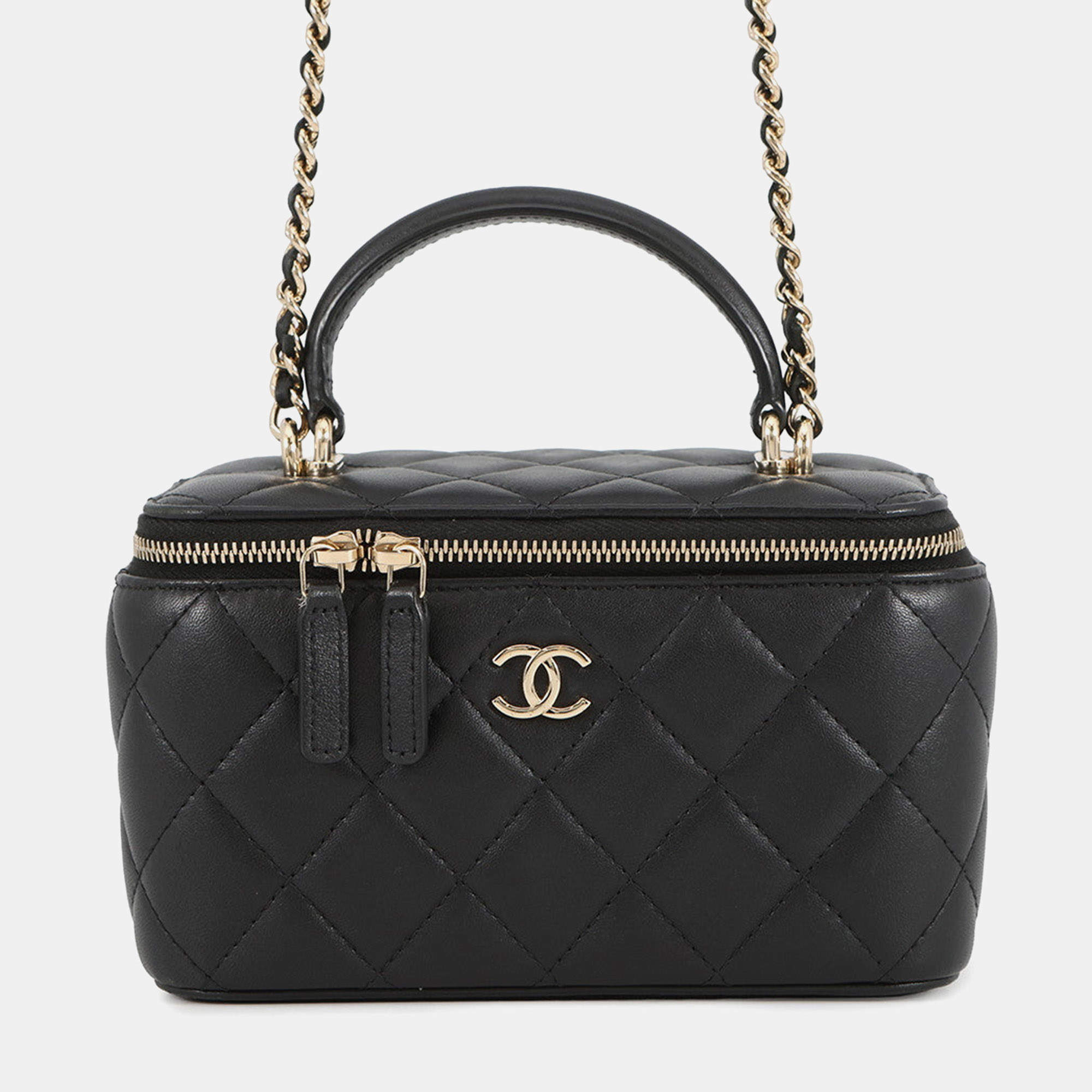 مملوكة مسبقًا Chanel Matelasse Top Handle 2-Way Vanity Bag Black Lambskin