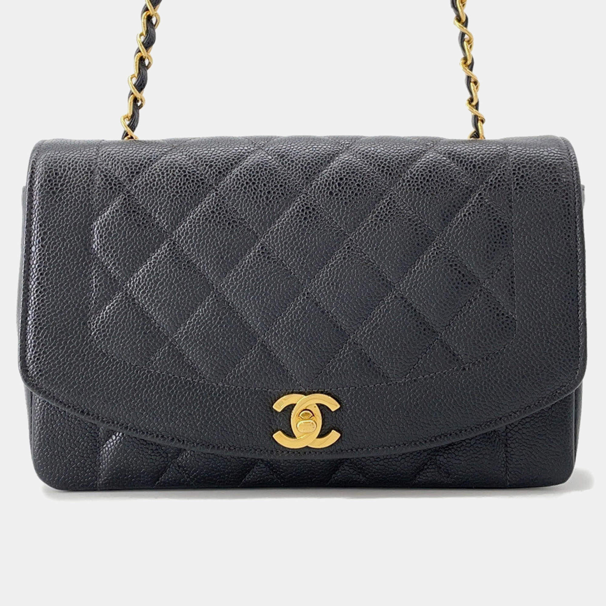 Pre Owned حقيبة كتف سلسلة جلد كافيار أسود مقاس 25 شانيل ديانا