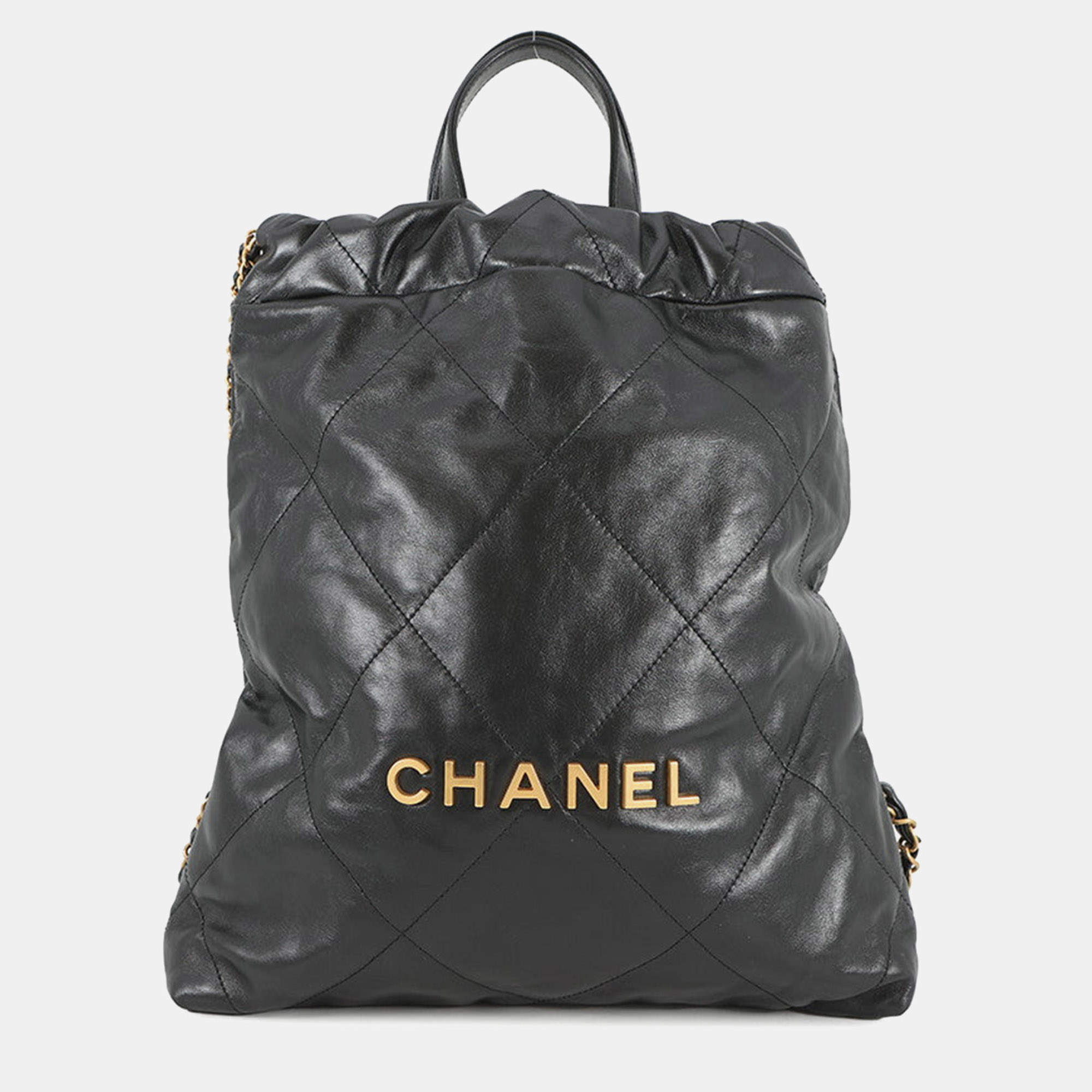 Pre Owned Chanel Chanel22 Backpack Black Shiny Calf Leather Size Small