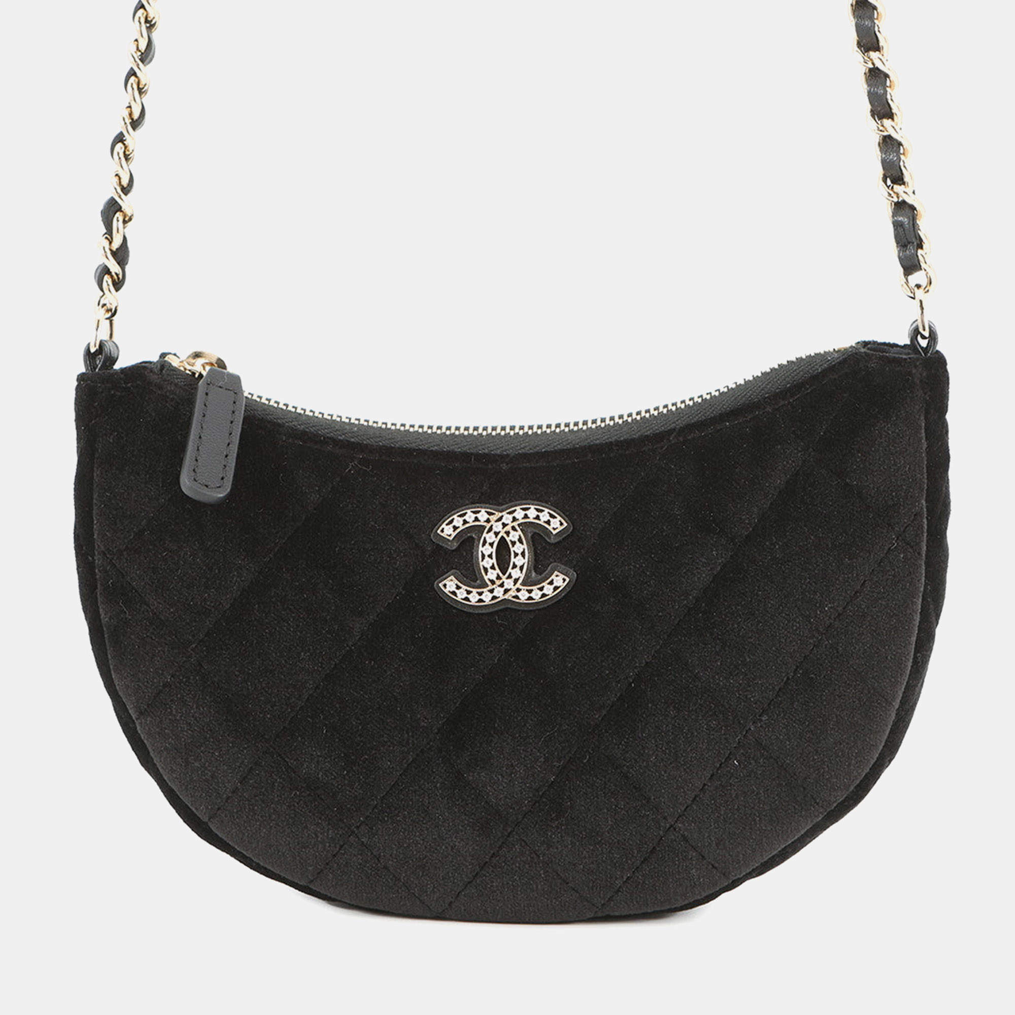 Pre Owned Chanel Half Moon Chain shoulder Bag Black Velour