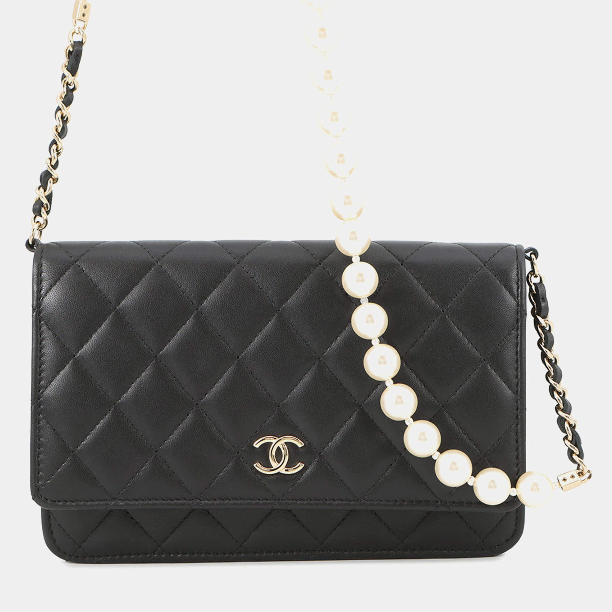 Pre Owned Chanel Pearl Chain Wallet Black Lambskin