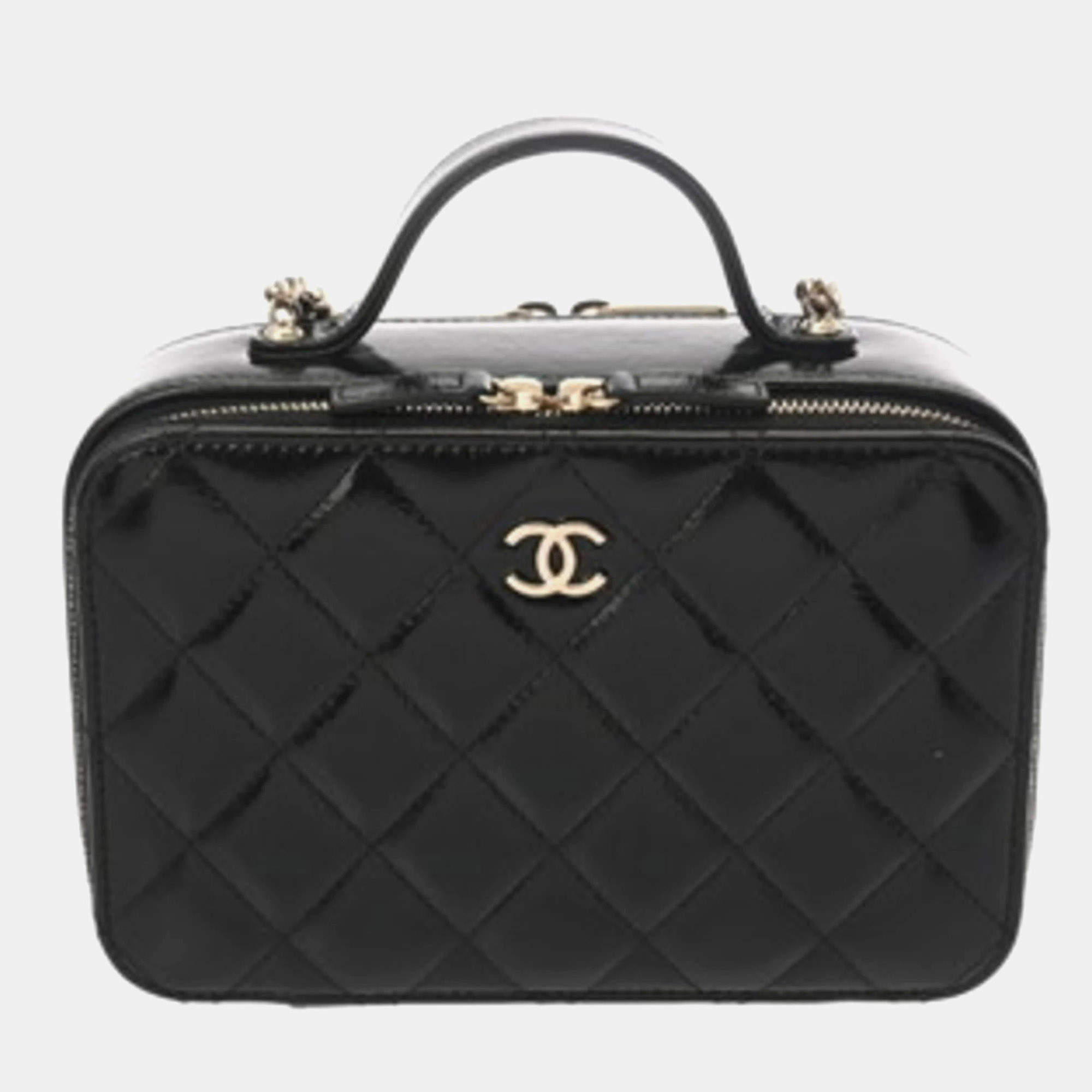 Pre Owned Chanel Vanity Black Shiny Calfskin Leather Top Handle Bag