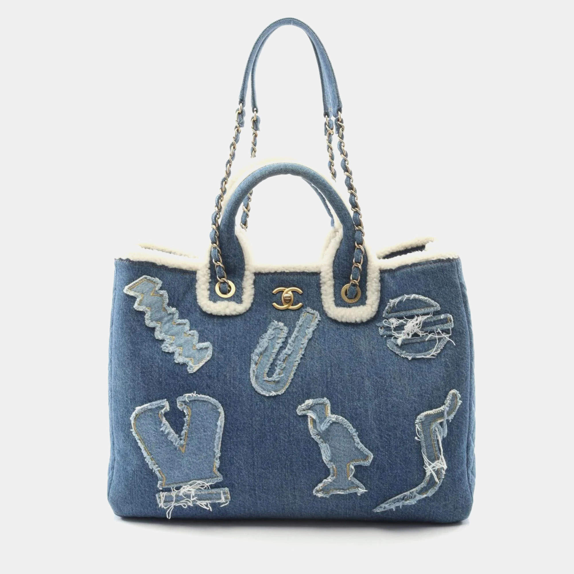 Pre Owned Chanel Large Blue/White Denim And Mouton Shopping Bag Tote 