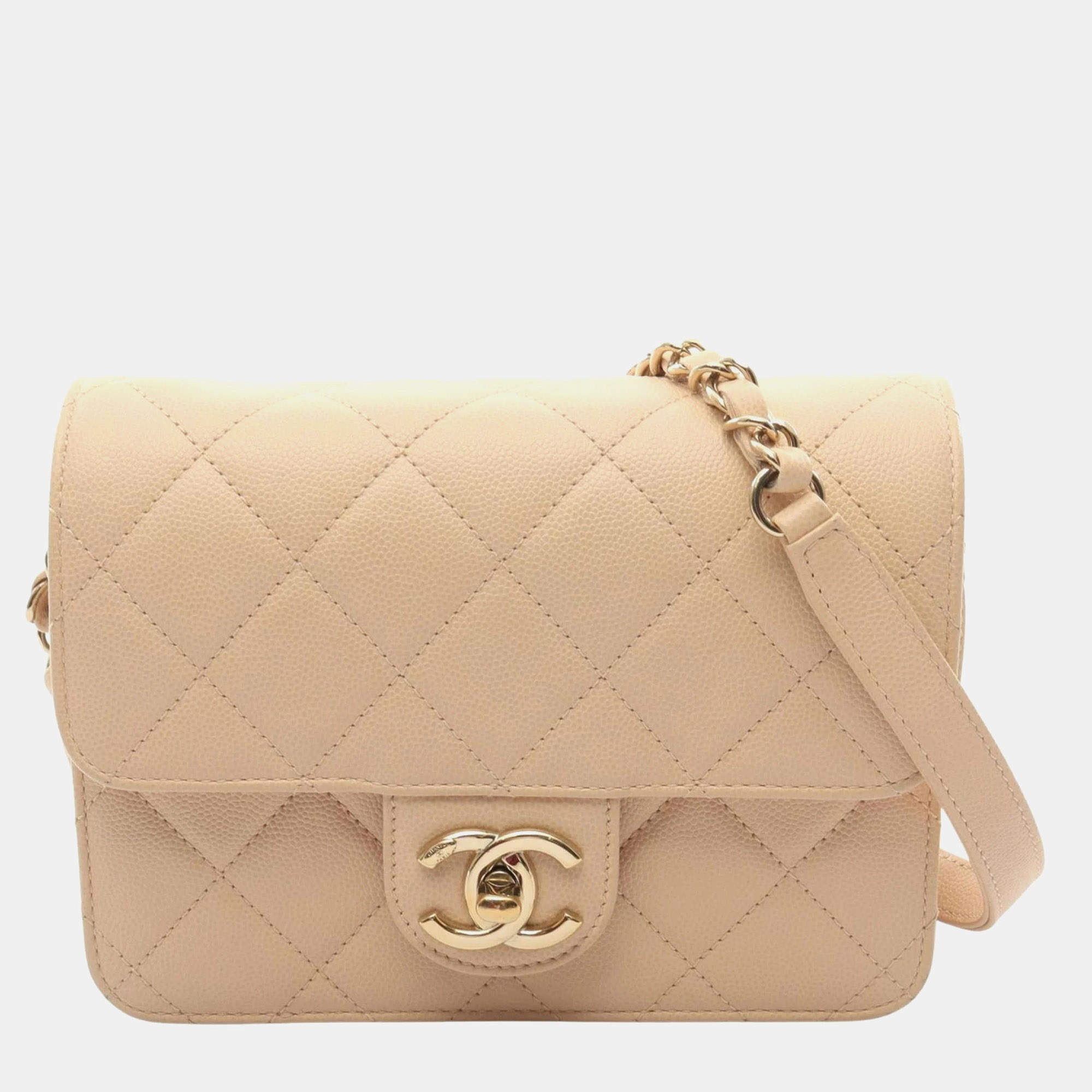 Pre Owned Chanel Matelasse Flap Mini Beige Calfskin Leather Shoulder Bag