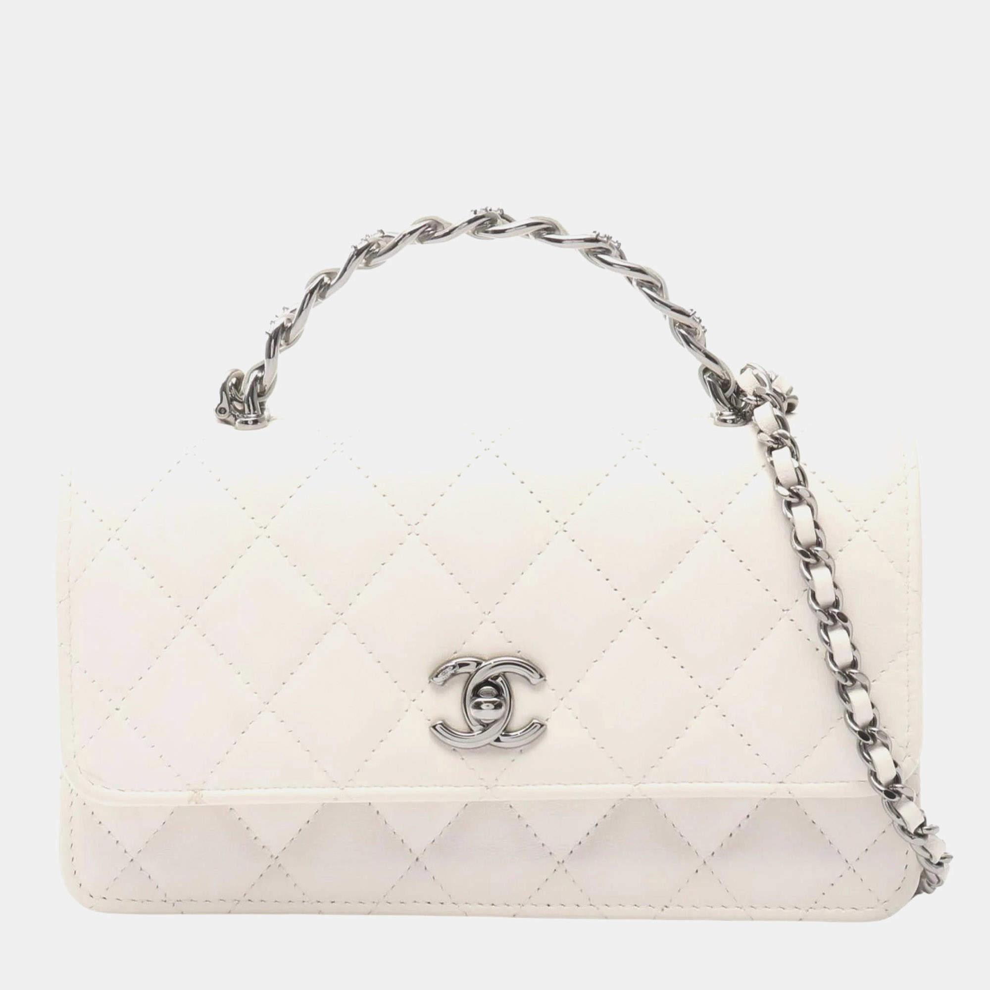 Pre Owned Chanel Matelasse Top Handle Phone Case Shoulder Bag In Lambskin Leather White