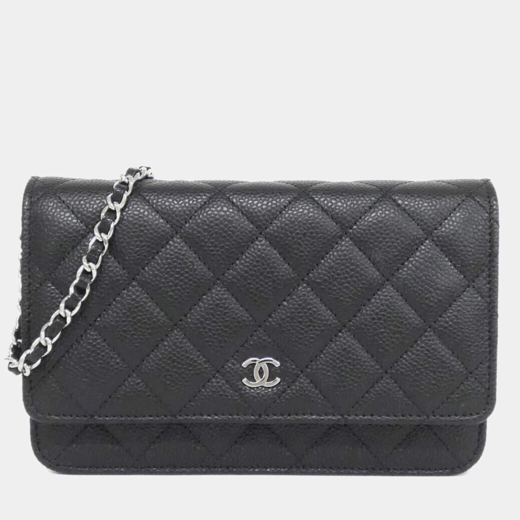 Pre Owned Chanel Timeless Classic Line Black Leather Chain Wallet