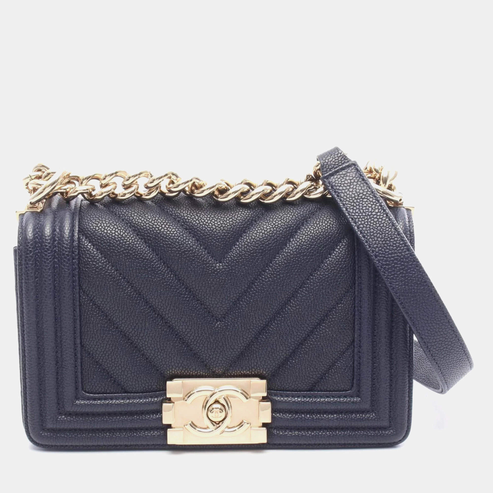 مملوكة مسبقًا Chanel Boy Small Navy Blue Grained Calfskin Caviar Leather Shoulder Bag