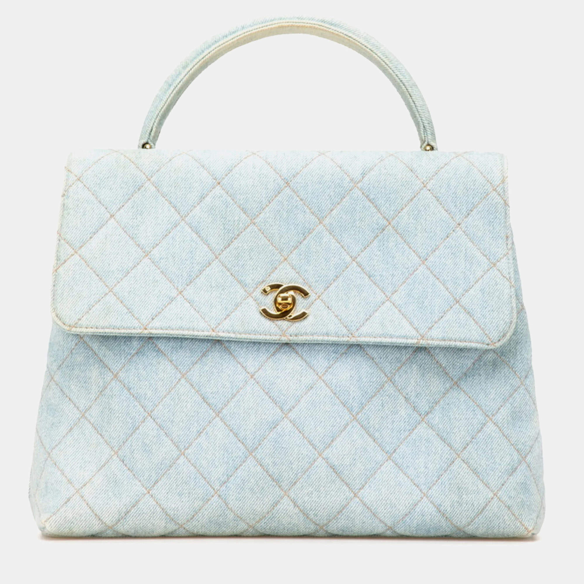 Pre Owned Chanel Coco Mark Quilted Handbag With Top Handles Light Blue Denim