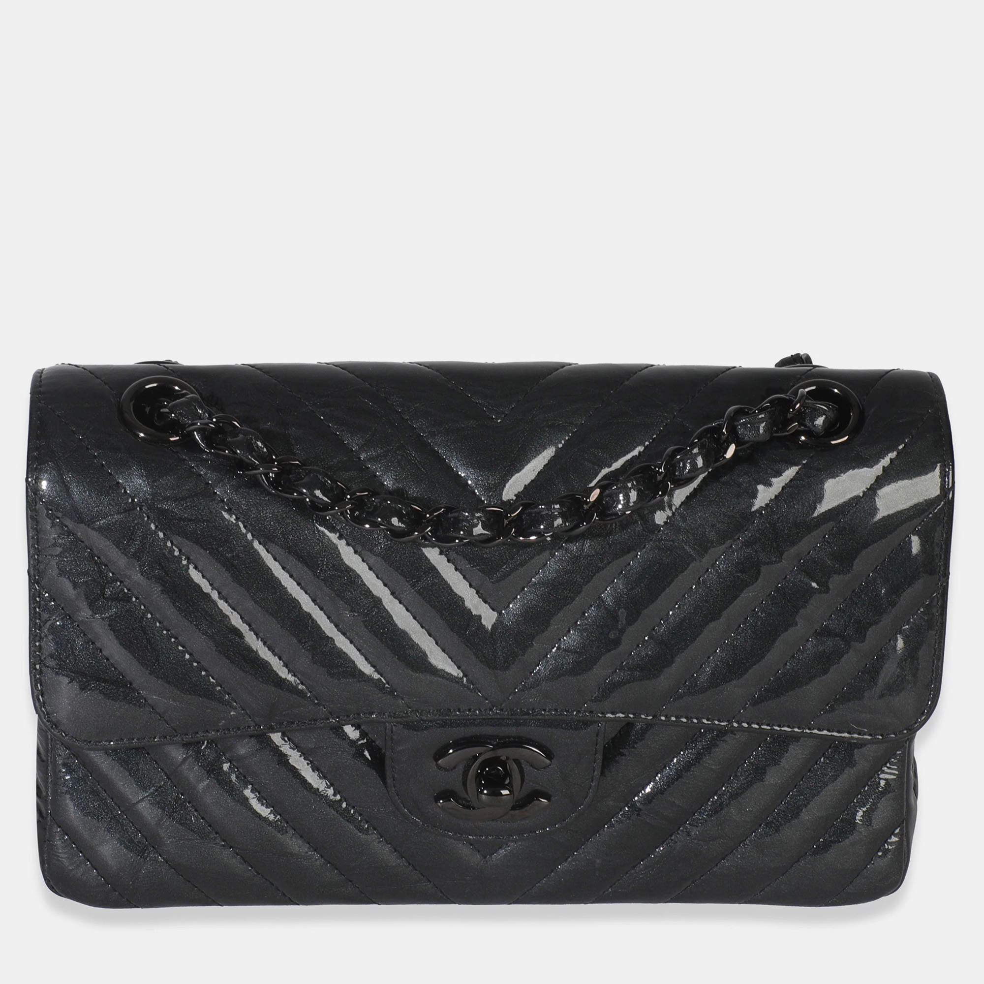 Pre Owned Chanel Classic Chevron Double Flap Small Black Metallic Crumpled Patent Leather Shoulder Bag